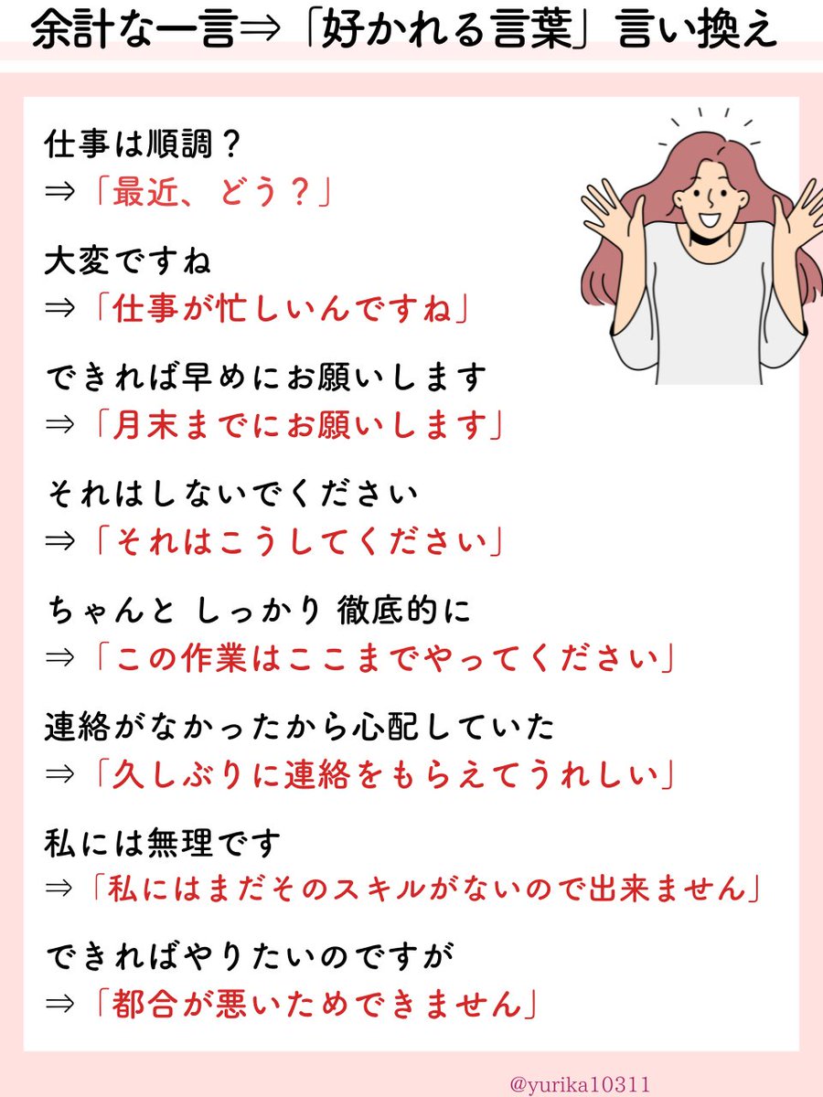 yurika10311's tweet photo. 印象が爆上がりする 
ステキな『言い換え』はこれ。

①「自分」の気持ちを伝える
②「端的にはっきり」と伝える
③気になったときに、穏やかに伝え

続きは⇩ https://t.co/solkCpI41e
