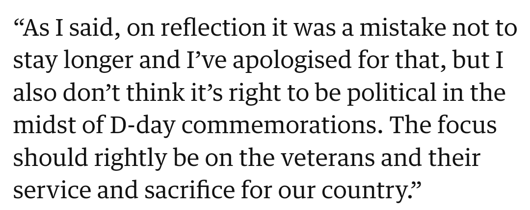 he *literally* left the D-day commemorations, to be political, moving his focus away from the veterans.