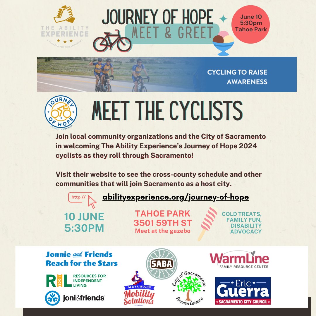 WarmLine is excited to join our community partners in sponsoring a meet &amp; greet with the 2024 Journey of Hope cyclists on Monday, June 10 at 5:30 at Tahoe Park (3501 59th St - at the Gazebo).
Check out the disability awareness work of Journey of Hope here: abilityexperience.org/journey-of-hop…
