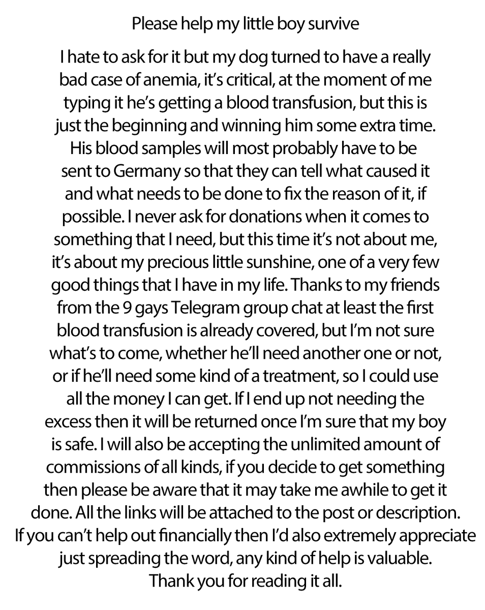 please help me save my dog (more details on a second pic, the first one contains the results of a blood analysis)
donation options:
ko-fi.com/talllizzard
paypal.me/talllizzard
to discuss a possible commission:
t.me/tall_lizzard
or send me a message here on twitter
