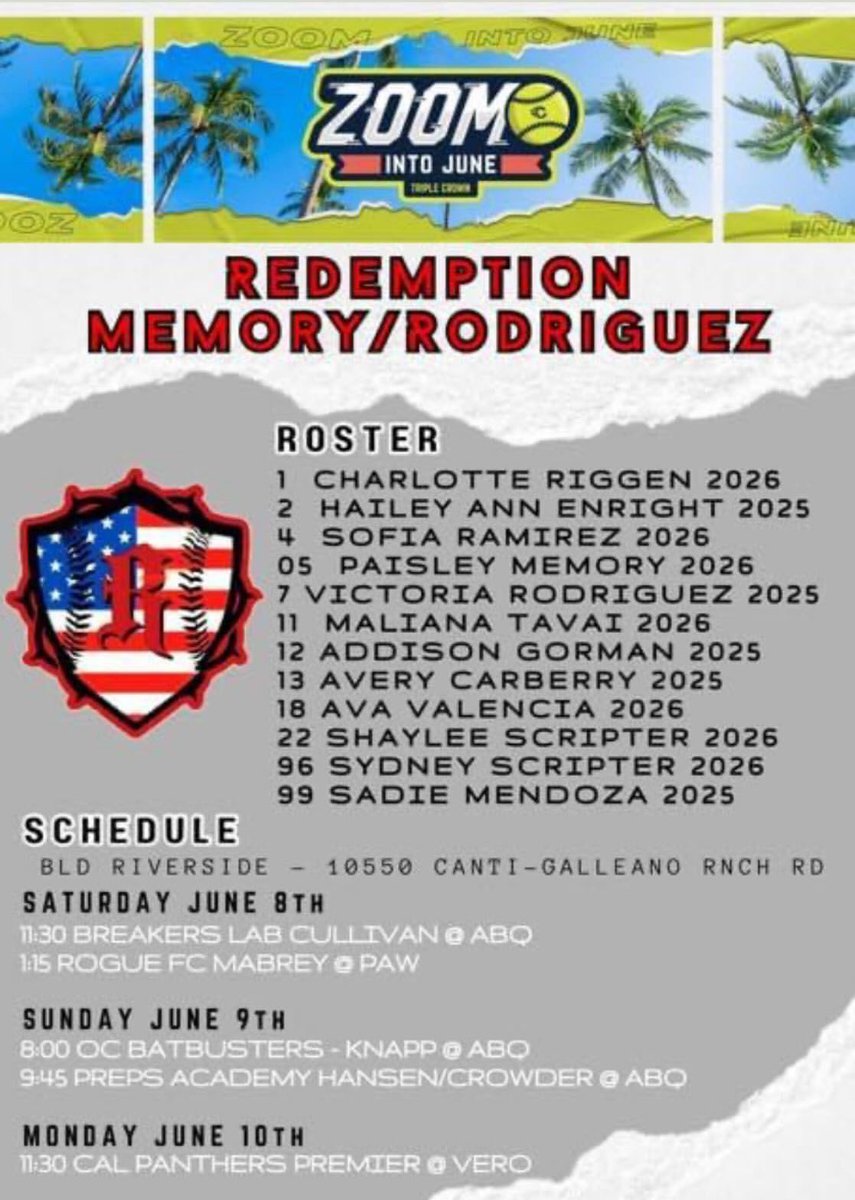 Sydney Scripter 2026 (@sydneyscripter) on Twitter photo ZOOM INTO JUNE⚡️
So excited to be back! This weekend I will be at Jurupa Valley BLD. Here’s my schedule hope to see you there!
LETS GOOO‼️
<a href="/JustinShults33/">Justin Shults</a> <a href="/ExtraInningSB/">EXTRA INNING SOFTBALL</a> <a href="/EastonFastpitch/">Easton Fastpitch</a> <a href="/LegacyLegendsS1/">Legacy & Legends Softball</a> <a href="/CoastRecruitsSB/">Coast Recruits 🥎</a> <a href="/thealliancefp/">The Alliance Fastpitch</a> <a href="/nxt1sports/">NXT 1</a> <a href="/triplecrownspts/">Triple Crown Sports</a> <a href="/TopPreps/">College Coaches / Scouts / College Recruiters</a> ZOOM INTO JUNE⚡️
So excited to be back! This weekend I will be at Jurupa Valley BLD. Here’s my schedule hope to see you there!
LETS GOOO‼️
<a href="/JustinShults33/">Justin Shults</a> <a href="/ExtraInningSB/">EXTRA INNING SOFTBALL</a> <a href="/EastonFastpitch/">Easton Fastpitch</a> <a href="/LegacyLegendsS1/">Legacy & Legends Softball</a> <a href="/CoastRecruitsSB/">Coast Recruits 🥎</a> <a href="/thealliancefp/">The Alliance Fastpitch</a> <a href="/nxt1sports/">NXT 1</a> <a href="/triplecrownspts/">Triple Crown Sports</a> <a href="/TopPreps/">College Coaches / Scouts / College Recruiters</a>