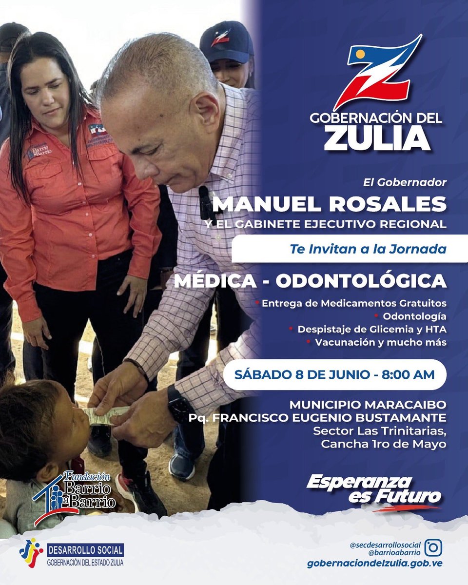 ✅ Este sábado 8 de junio la Gobernación del Zulia desplegará jornadas sociales para las comunidades. Los programas con Buenos Ojos y Barrio a Barrio atenderán las necesidades de nuestra gente. ¡Te esperamos!