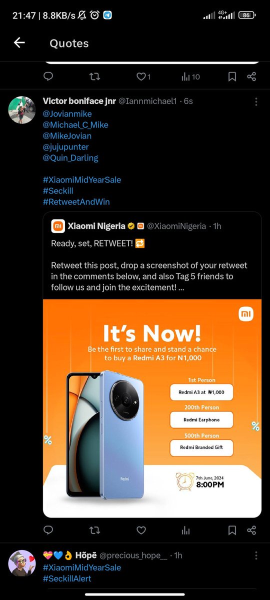 Iannmichael1's tweet photo. @XiaomiNigeria @Jovianmike
@Michael_C_Mike
@MikeJovian
@jujupunter
@Quin_Darling

#XiaomiMidYearSale
#Seckill
#RetweetAndWin https://t.co/t6jh1rUgRC
