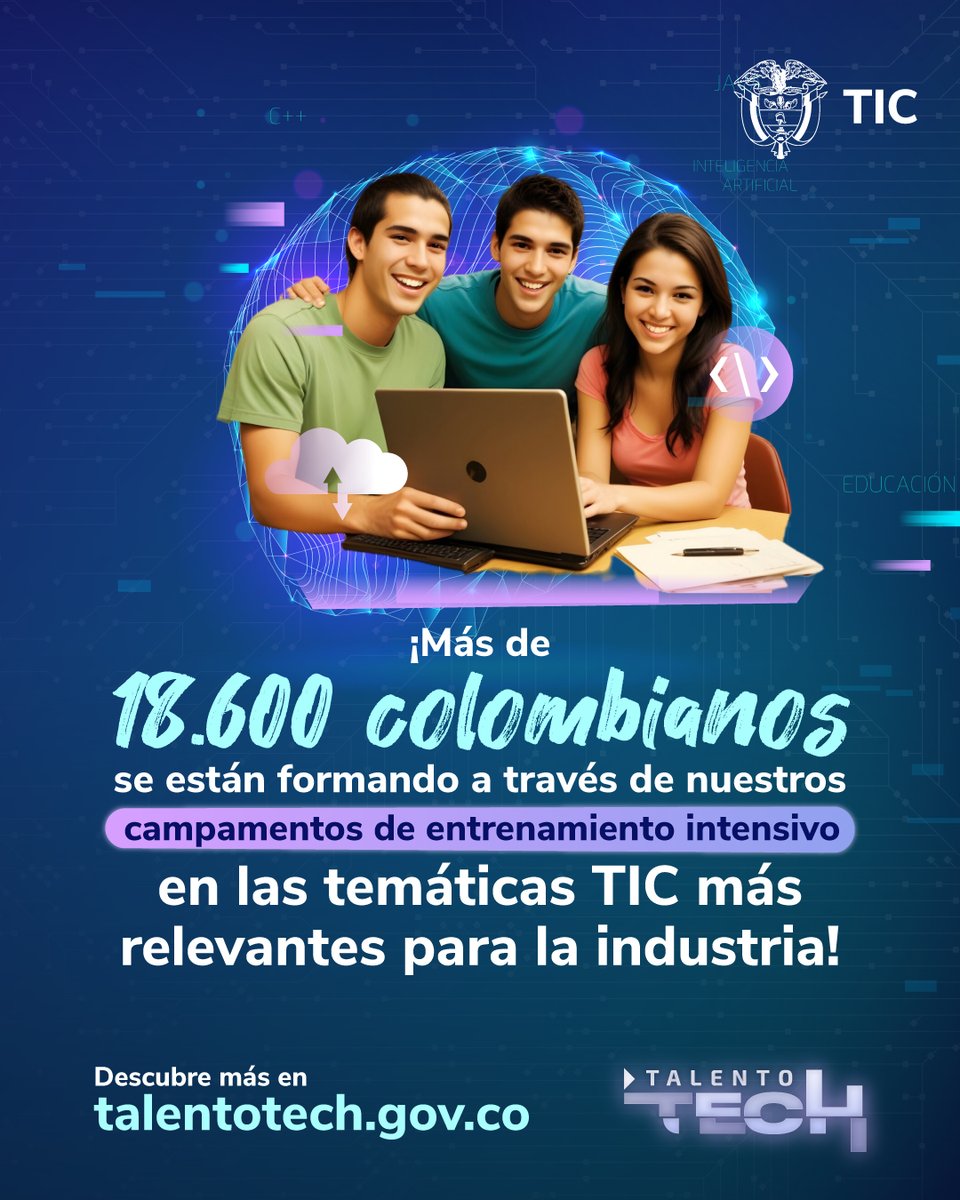 👏Aplausos para todos los colombianos y colombianas que se han unido a #TalentoTECH del #MinTIC y que alimentan el motor de innovación y creatividad en el país🇨🇴.

Esta ha sido sin duda una gran decisión que impulsará el futuro profesional y emprendedor de cada uno de ustedes.