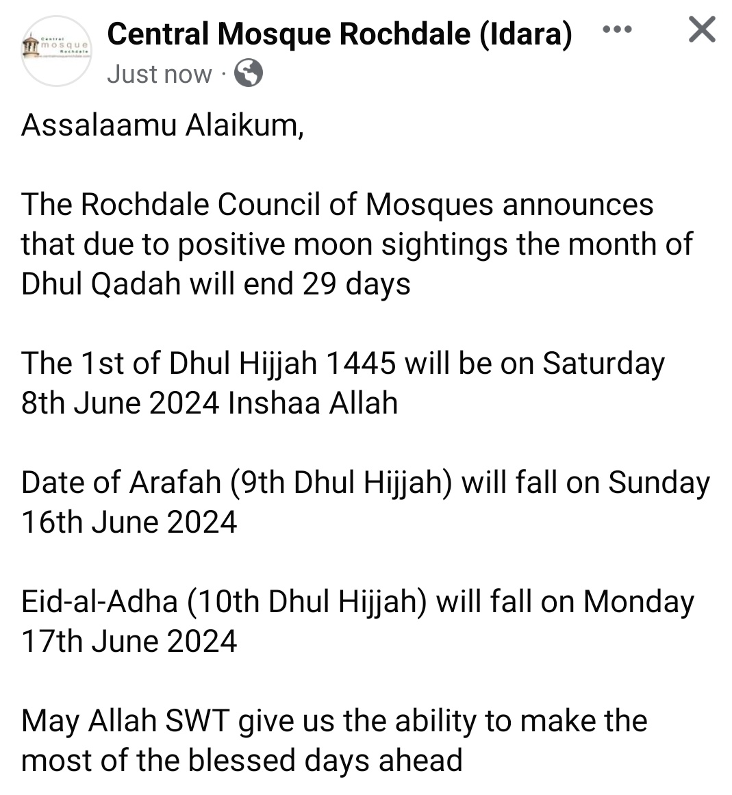 ***DHUL HIJJAH ANNOUNCEMENT***