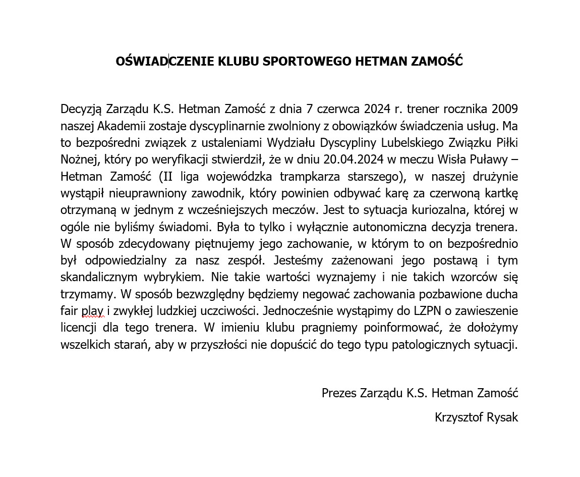 Kristoff1934's tweet photo. @HetmanZamosc dzisiaj opublikował oświadczenie. Problem w tym, że w protokole widniał inny trener Rxxx Txxx, a Klub prawdopodobnie dyscyplinarnie zwolnił kogo innego. Kiedy nadejdzie normalność u nas? https://t.co/TGzU5fsh1n