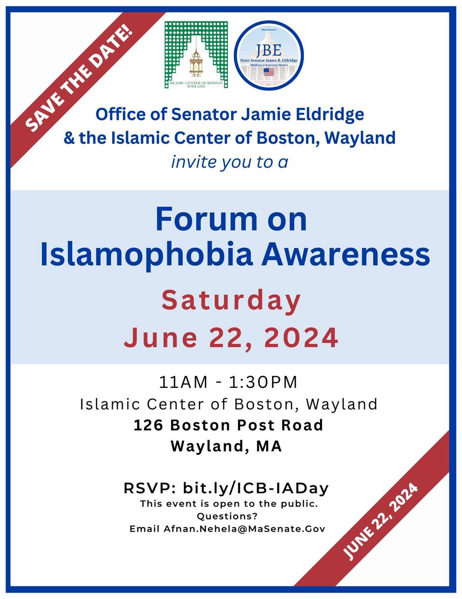Join us for an impactful Islamophobia Awareness Forum, co-hosted by me and the Islamic Center of Boston, Wayland! Hear from Muslim professionals &amp; CAIR MA's exec dir on the state of the MA Muslim community &amp; the fight against rising Islamophobia. Open to the public! #mapoli
