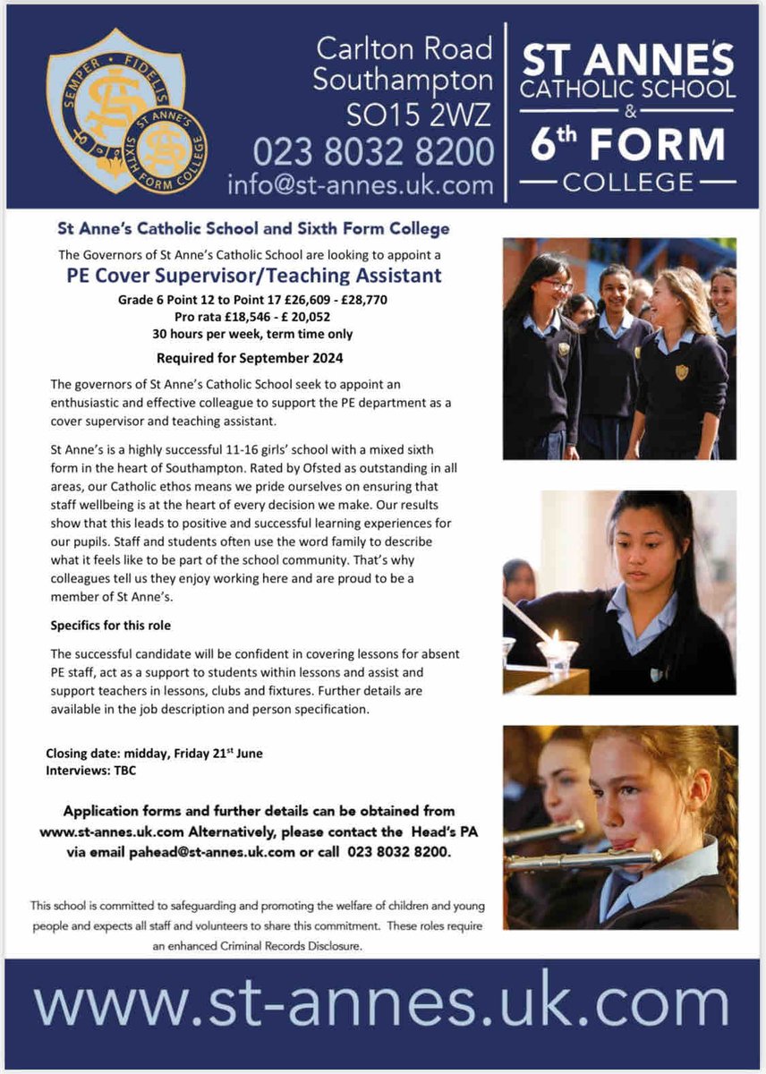 StAnnesUK's tweet photo. Our fantastic #PE department are looking for a specialist cover supervisor/teaching assistant. Could this be the opportunity you are looking for? #JoinUs #PE #Education #StAnnesLife https://t.co/XqgjEGpAaj