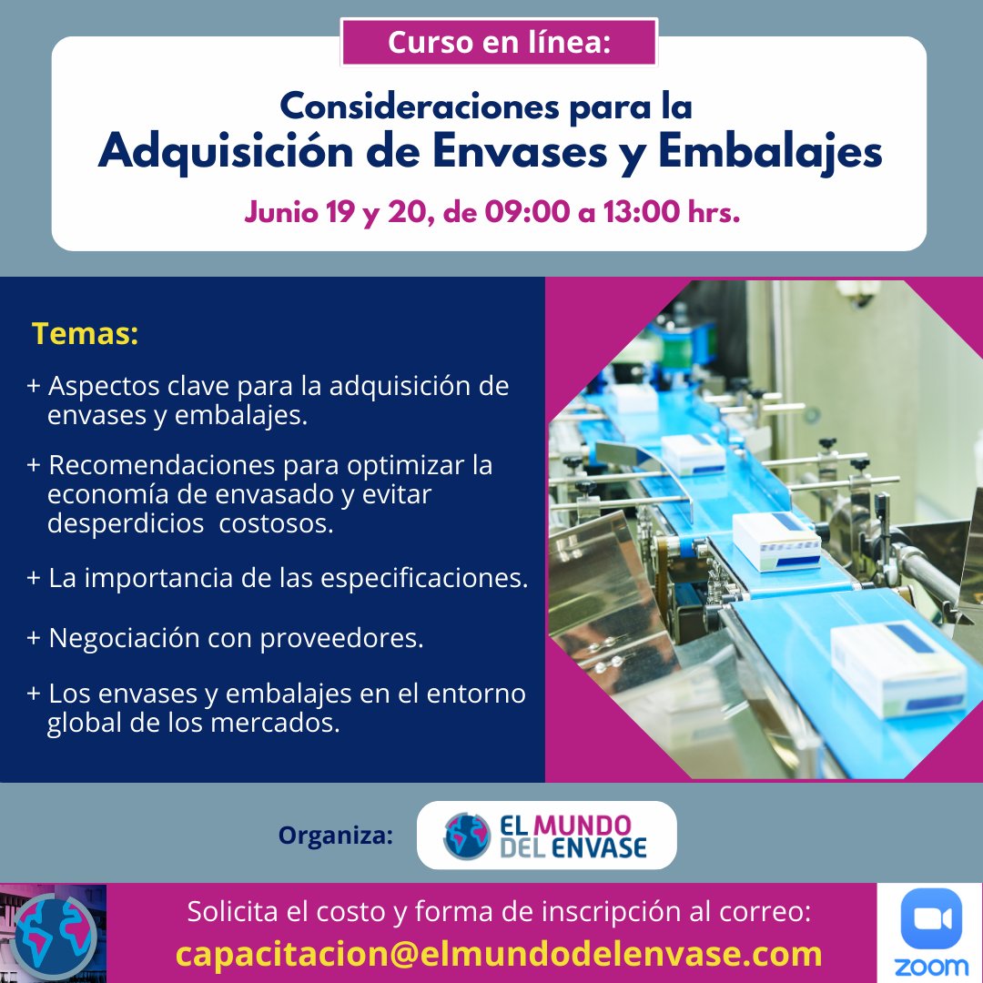 ✅ Curso en línea
"Consideraciones para la adquisición de envases y embalajes"

📆 19 y 20 de junio, 2024 (09:00 a 13:00 hrs.)

Forma de inscripción y costo al correo: 
capacitacion@elmundodelenvase.com

#elmundodelenvase #cursosonline #Envaseyembalaje #Packaging #packagingdesign