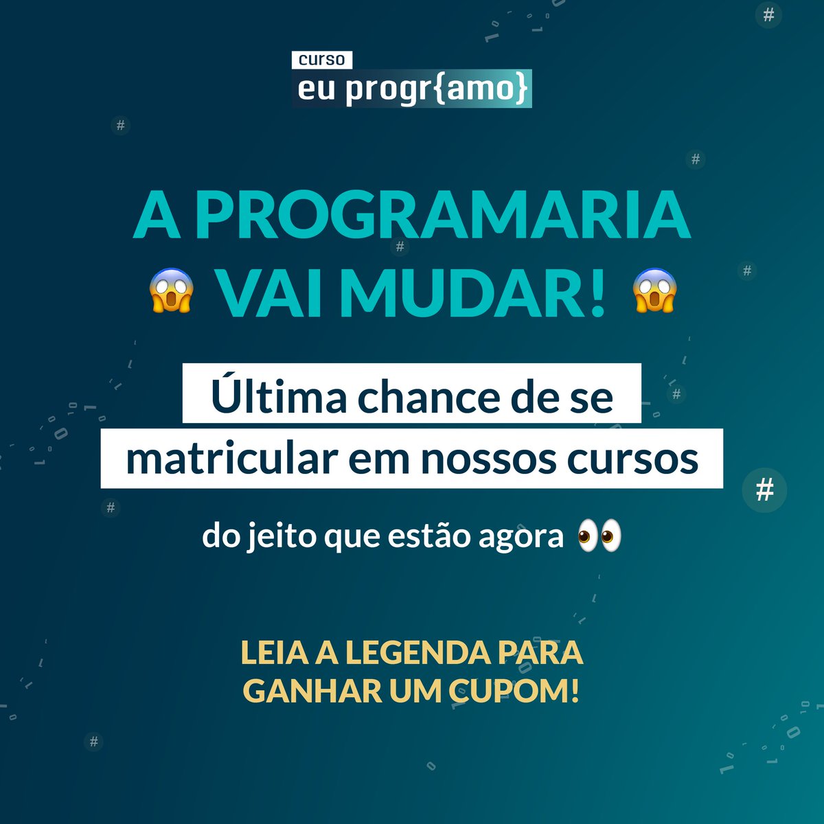 programaria's tweet image. Aproveite a oportunidade para se matricular em nossos cursos com 20% de desconto antes da mudança!
👉🏽Use o cupom ULTIMACHANCE e dê seus primeiros passos na programação com a gente!
🚨Válido até domingo, 9/6!
🔗Link na bio!
#programacaoweb #EuProgrAmo