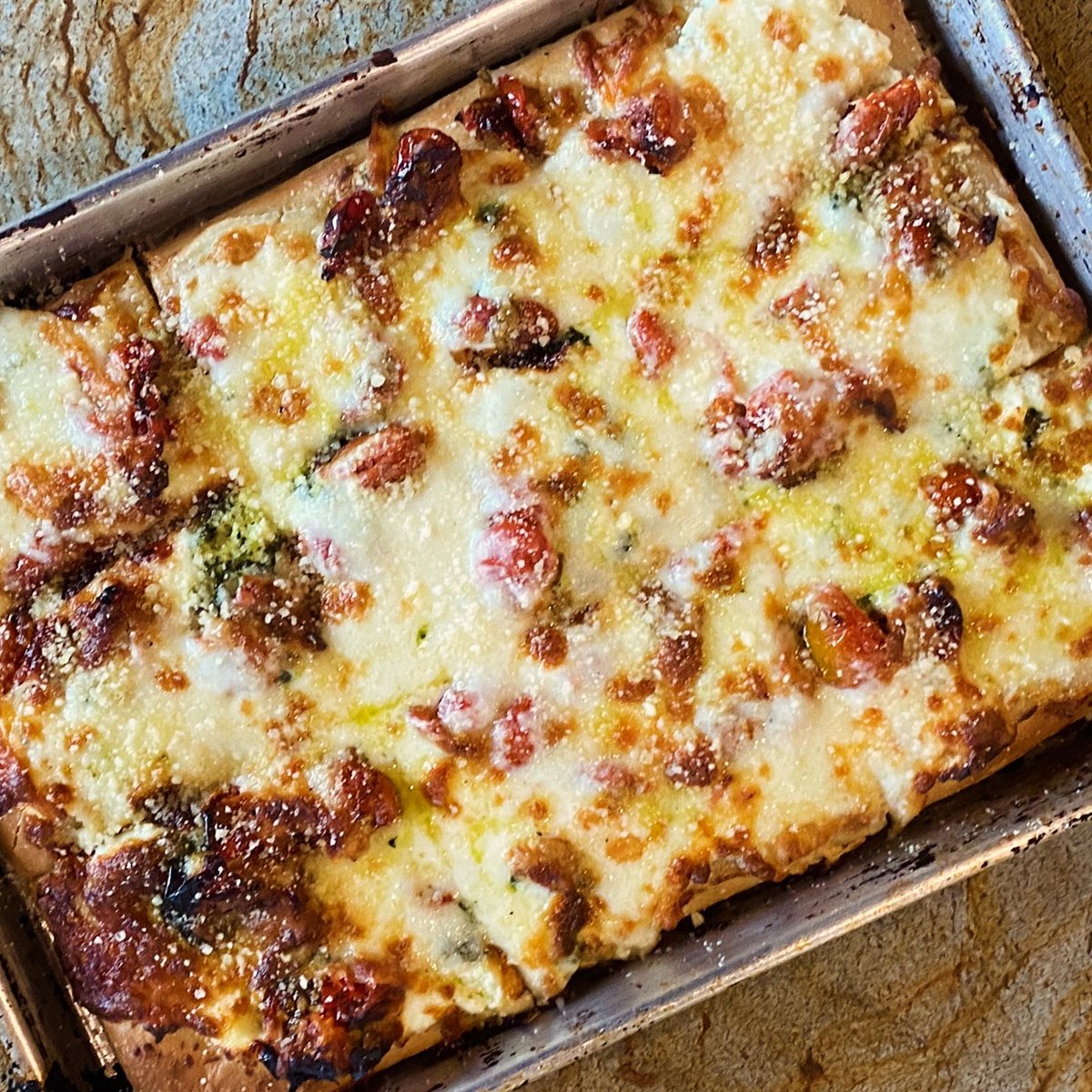 Catch-a-Fire Pizza (@catchafirepizza) on Twitter photo Change things up tonight with one of our Grandma pizzas -  This medium thick pizza is tray baked with a crispy crust, with cheese on the bottom and sauce on top. Choose from cheese, sausage or pesto -or create your own combination by adding from our toppings list! Change things up tonight with one of our Grandma pizzas -  This medium thick pizza is tray baked with a crispy crust, with cheese on the bottom and sauce on top. Choose from cheese, sausage or pesto -or create your own combination by adding from our toppings list!
