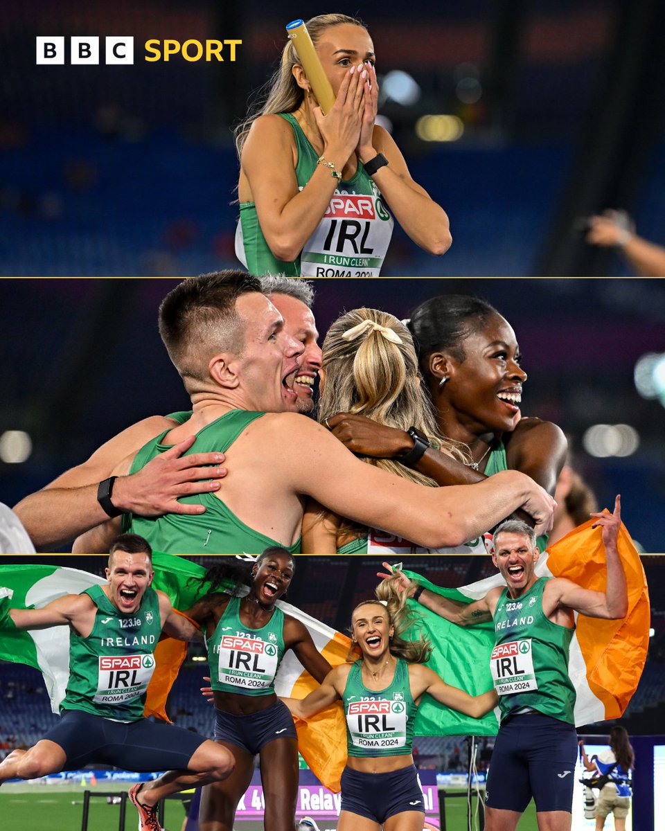 BBCSPORTNI's tweet photo. History makers 🙌

The first ever running of the mixed 4x400m relay at the European Athletics Championships is won by Ireland!

They take home European gold for the first time since 1998 🥇

#BBCAthletics https://t.co/675sx89dY1