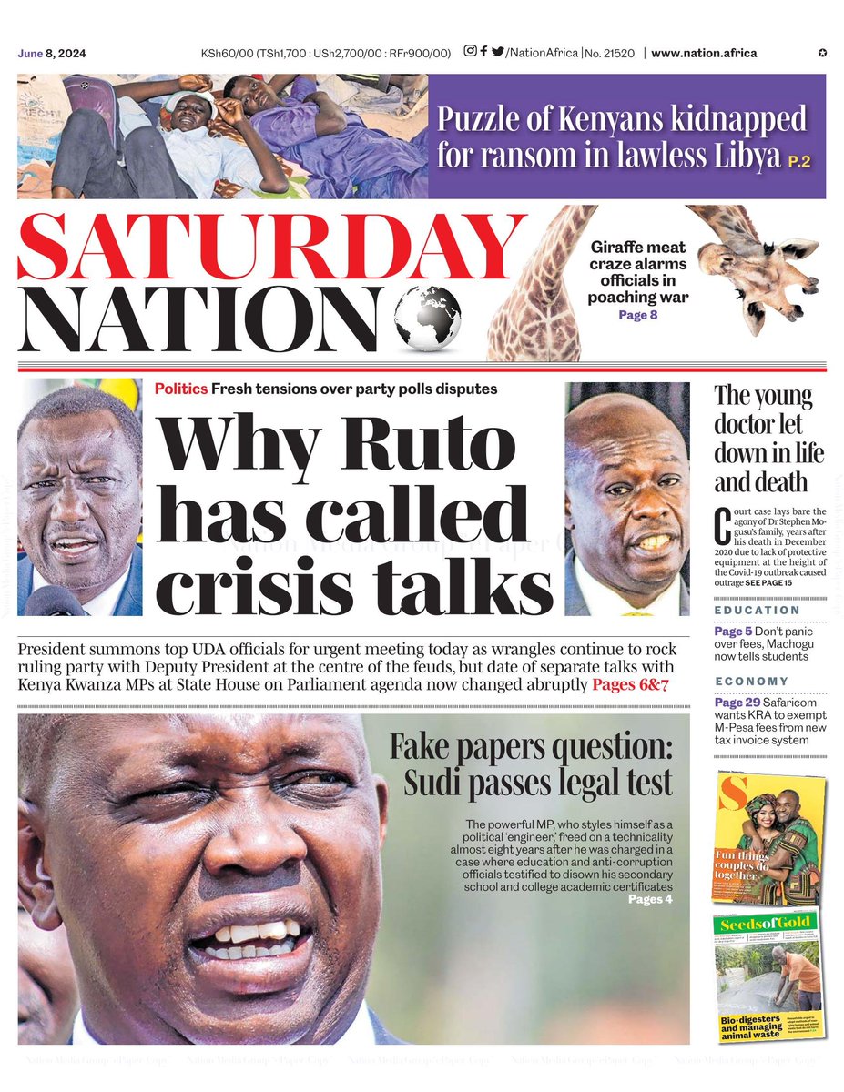 nyanducha's tweet photo. Today's newspaper headlines.
Saturday, 8th June 2024.
#ePaper #Gazeti #Magazeti #Kenya #CiscoMeraki #UbibotTemperatureHumiditySensors #IoT #VictorockKenya #TTTT #IanNjoroge #Madtraxx #CMBPrezzo #GachaguaManArrested #Kagwe #KimaniIchungwah https://t.co/Co9AeZJxOg