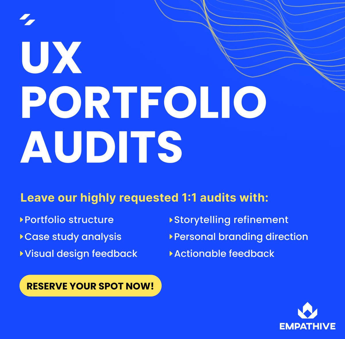 empathiveux's tweet photo. 🚀 Exciting News! Our 1:1 UX Portfolio Audits Are Back!

Get expert guidance, actionable feedback, and the skills to perfect your portfolio and land your dream UX job.

Limited spots available. 

Reserve your spot now: https://t.co/q9v0CmJHFF

#UXDesign #uxportfolio https://t.co/rWh9cXQJzr