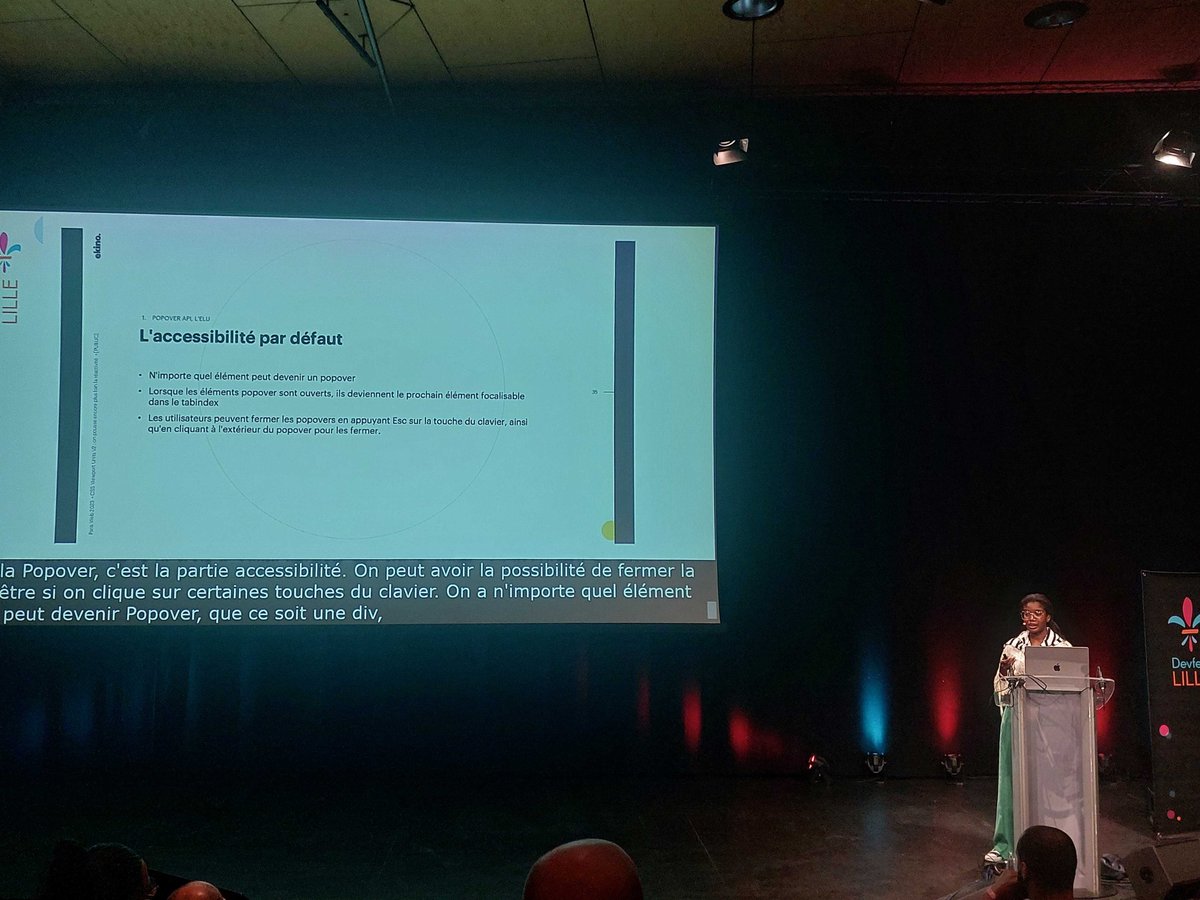ekino_France's tweet photo. L'accessibilitĂ© entre aussi en jeu dans "La renaissance des fenĂȘtres contextuelles avec #PopoverAPI", talk prĂ©sentĂ© par Josiane Makelele @Onyxeyez, ingĂ©nieure #Frontend chez @ekino_France, Ă #DevFestLille https://t.co/F1PoCYEnuG