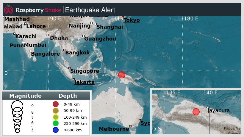 raspishakEQ's tweet photo. Preliminary M5.7 #Earthquake
ID: #rs2024lfhpbj
166km from #Waena, #WestPapua,Indonesia
2024-06-07 16:31 UTC
Source: #GFZ
@raspishake
Join the largest #CitizenScience EQ community ➡ https://t.co/Y5O0dgJqJF
EVENT ➡ https://t.co/bnyn5vpQGp https://t.co/HuDR6xd1eW