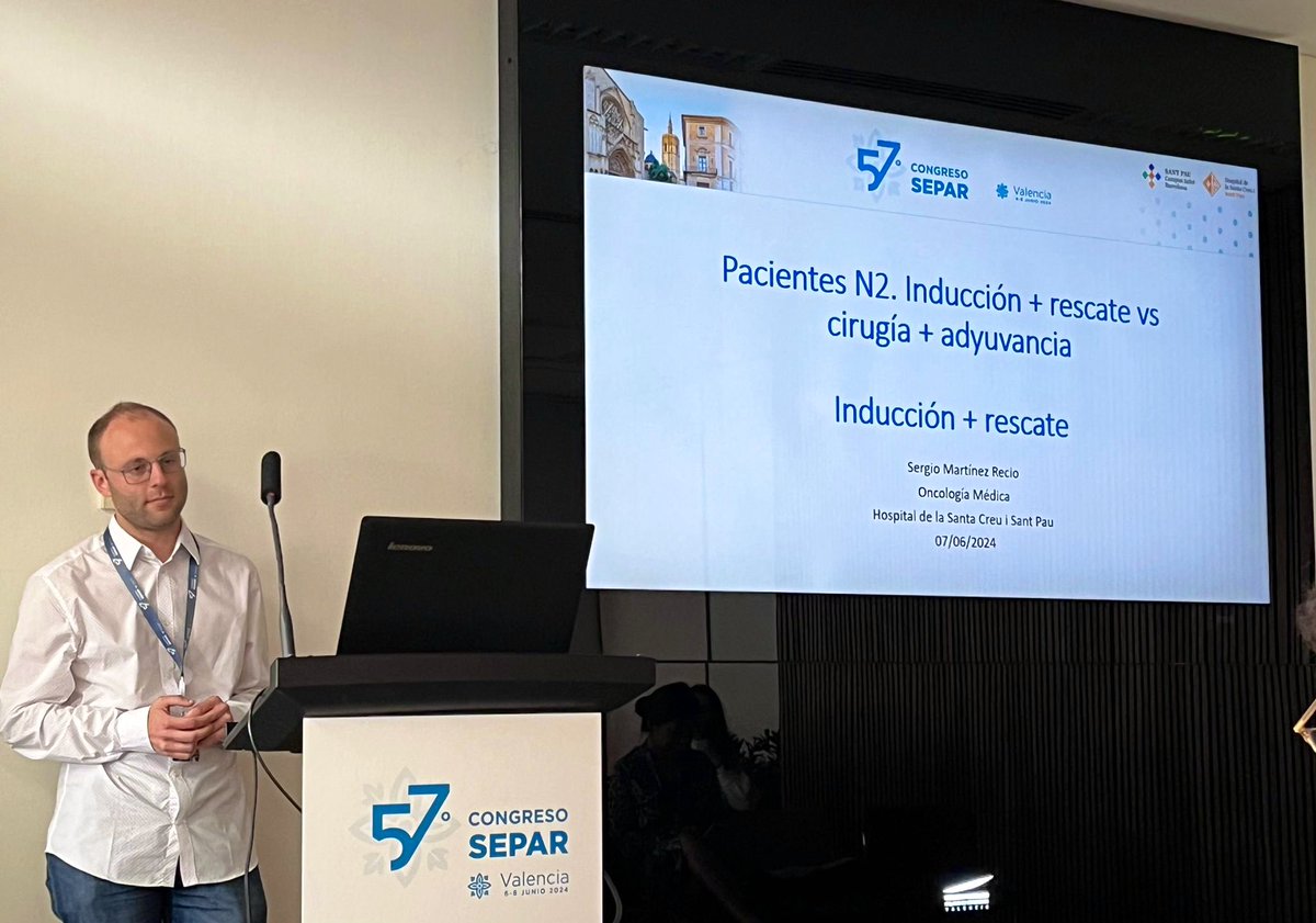 🔵 El Dr.Martínez-Recio presenta en el #CongresoSEPAR una controversia sobre quimioterapia de inducción en pacientes N2.
#orgullsantpau