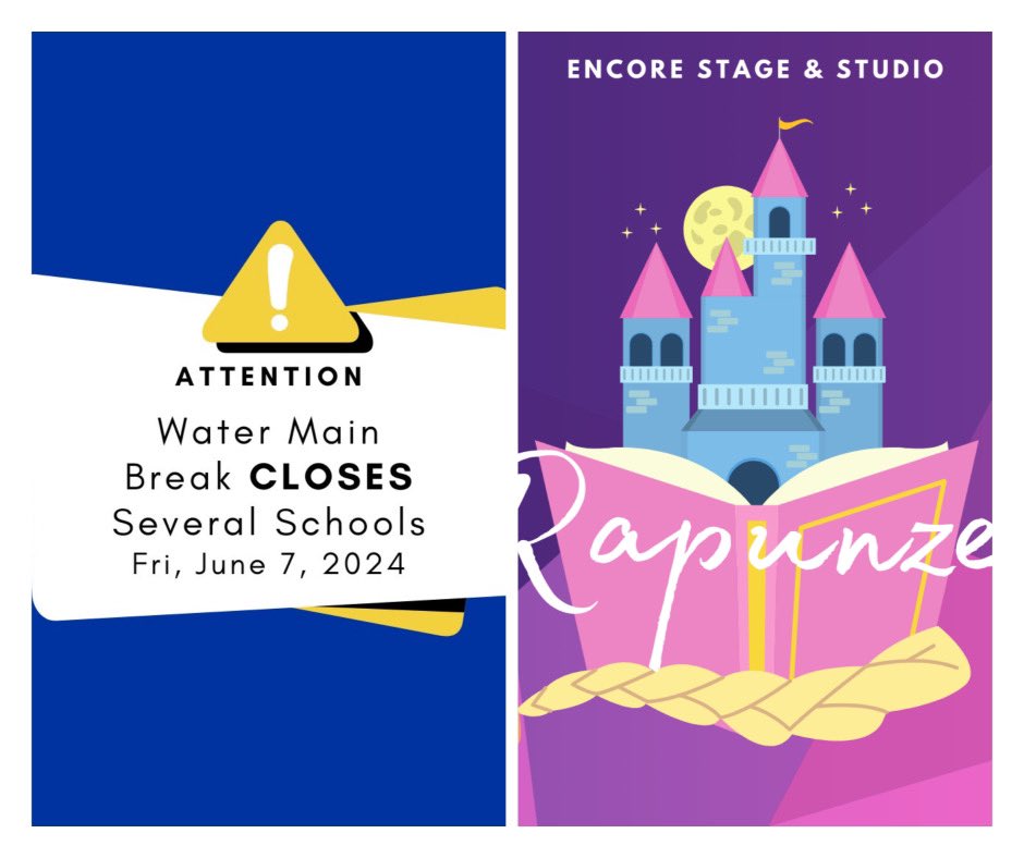 ARL_Arts's tweet photo. Attention (Fri 6/7): Tonight's performance of "Rapunzel" by Encore Stage and Studio has been cancelled as Thomas Jefferson Community Theatre has been closed for the day due to a major water main break. For updates about Saturday's performance, please follow @EncoreArlington https://t.co/BeLORES90y