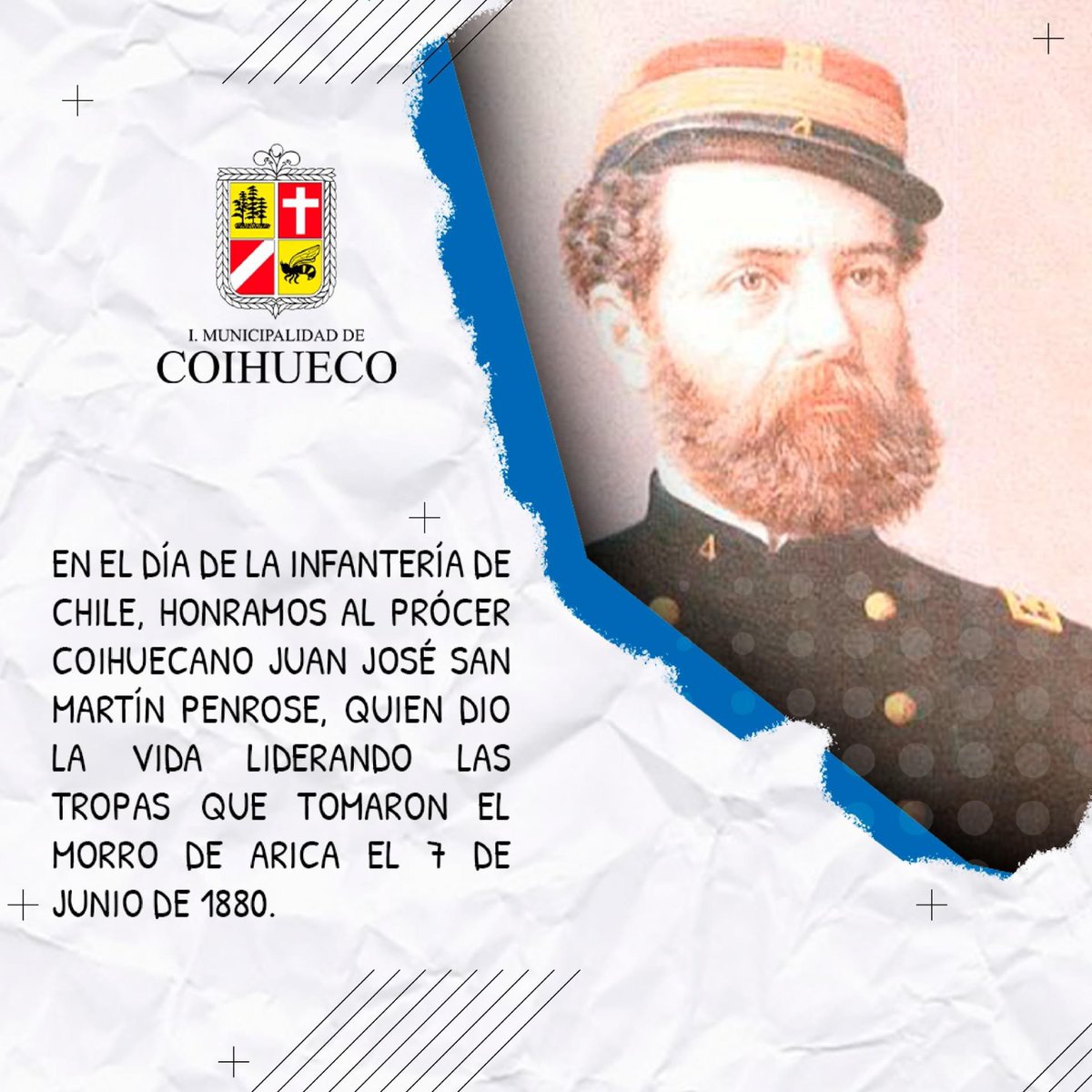 Desde la tierra natal del Teniente Coronel Juan José San Martín, saludamos a la Infantería del <a href="/Ejercito_Chile/">Ejército de Chile</a> en la conmemoración de los 144 años del #asaltoytomadelmorro de #arica