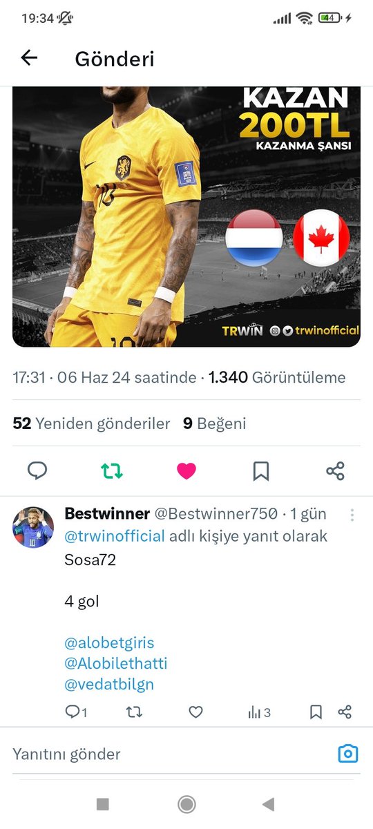 Bestwinner750's tweet photo. @trwinofficial Kanka 4 gol dedik Hollanda maçı bonuslari eklenmedi kullsnici sosa72  @trwinofficial https://t.co/CndadgzWTv