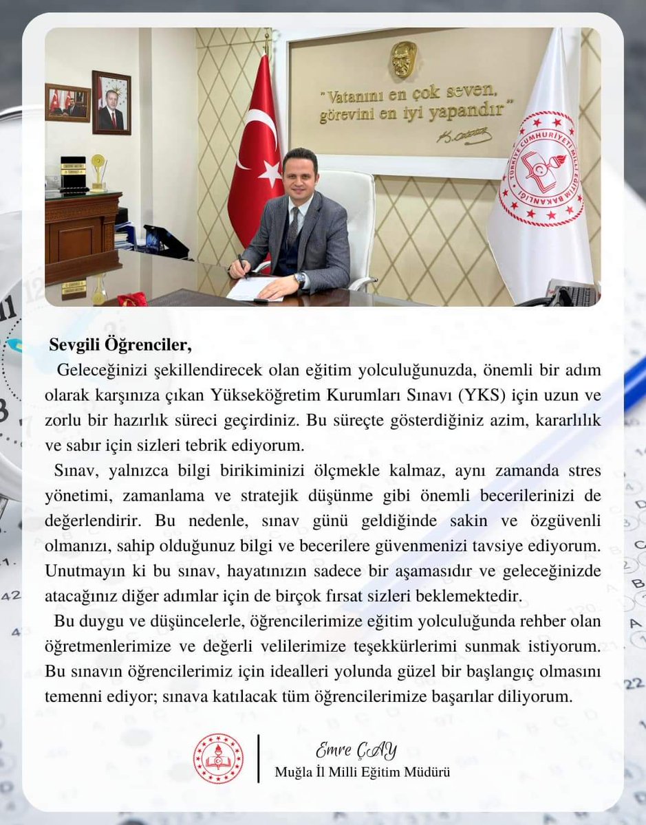 emrecay55's tweet photo. Emekle yüklü yorucu bir yolculuğun en önemli etabında tüm öğrencilerimize yürekten başarılar diliyorum. Allah hepsine zihin açıklığı versin.
#YKS2024 https://t.co/pwRLpi0kTw