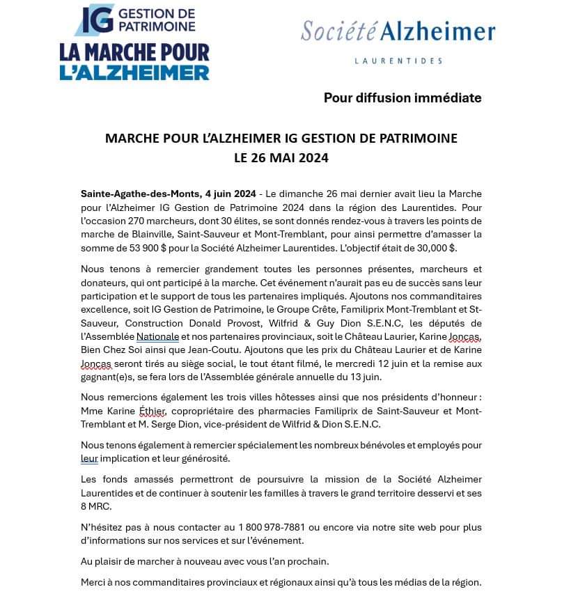 SALaurentides's tweet photo. Notre communiqué suite à la Marche pour l'Alzheimer IG Gestion de Patrimoine sera disponible sur notre site internet : 
https://t.co/N0Gei8J3qO https://t.co/NmBgjFmj5h