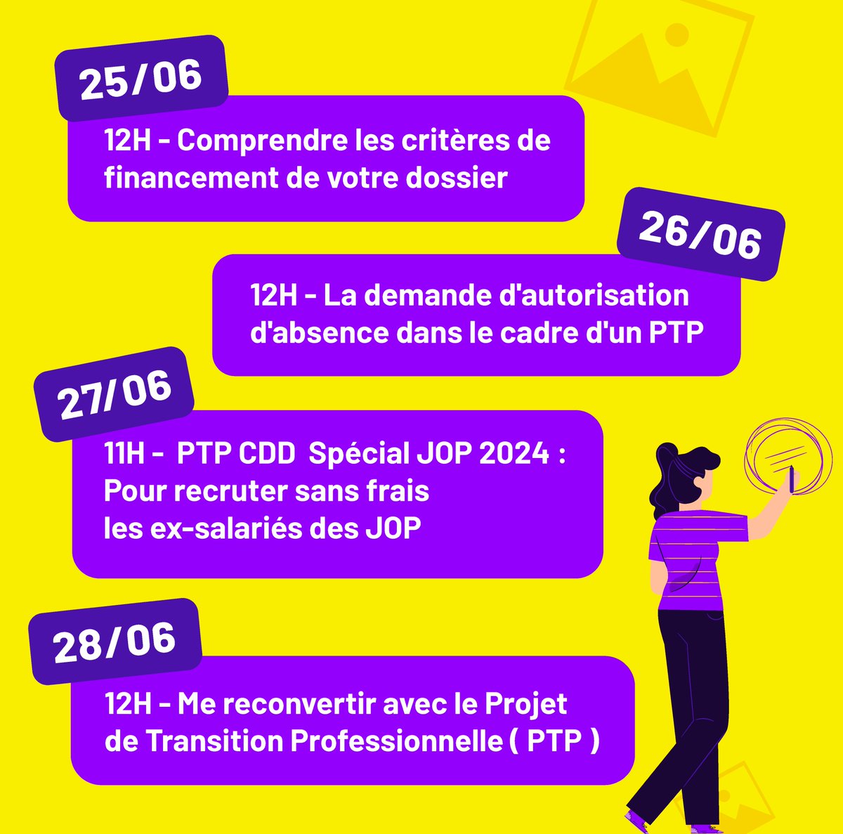 📅 NOS WEBINAIRES DE JUIN 📅

Petit récap’ en images de nos prochains webinaires ! 🚀

N’oubliez pas de vous inscrire ici : transitionspro-idf.fr/services/webin…