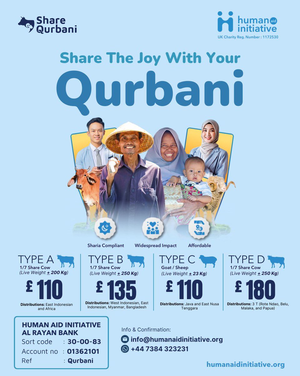 Eid al Adha is approaching soon!  With Human Aid Initiative, you can ensure that your Qurbani reaches those in need, providing vital sustenance to families in rural Indonesia and  — families who are deprived of the luxury of meat throughout the year. Take advantage of the 10