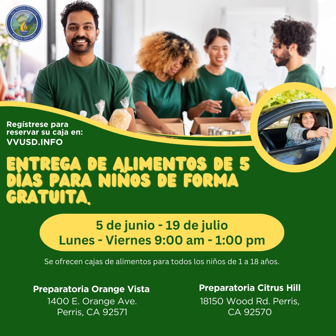 We're offering FREE food boxes for children and teens ages 1 to 18! 

📍 Pick-up Locations:

Orange Vista High School
Citrus High School
🕐 Available TODAY until 1 PM.

Don't miss out! Spread the word and come by to grab your box! Pre-register at VVUSD.INFO