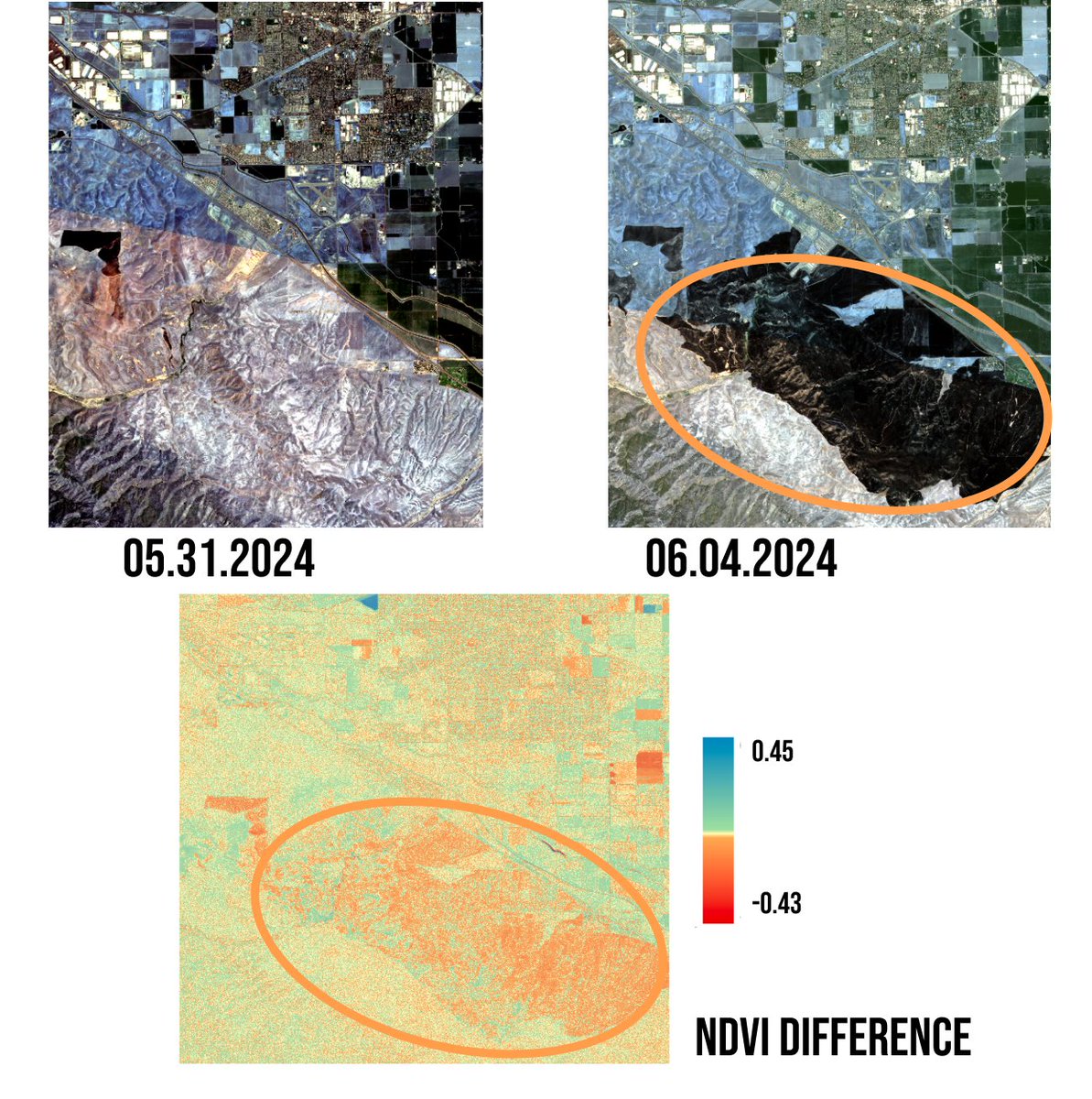 UCR_Raptor's tweet photo. A grass fire started on the afternoon of Saturday, June 1, 2024, in San Joaquin County, California. Satellite imagery reveals the impact of the fire on the fields near the City of Tracy. #wildfire @UCRiverside @UCRBCOE https://t.co/diucCzQiog