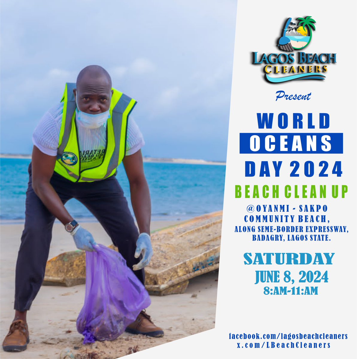 Please join <a href="/LBeachCleaners/">Lagos Beach Cleaners</a> on Saturday, June 8, 2024, for a beach clean-up to commemorate World Oceans Day 2024.
<a href="/UN/">United Nations</a> @lawma_gov <a href="/followlasg/">The Lagos State Govt</a>

#WorldOceanDay2024 
 #unitednations #awakennewdebth #nonprofit #nonprofitorganization #climatechange #beachcleanup