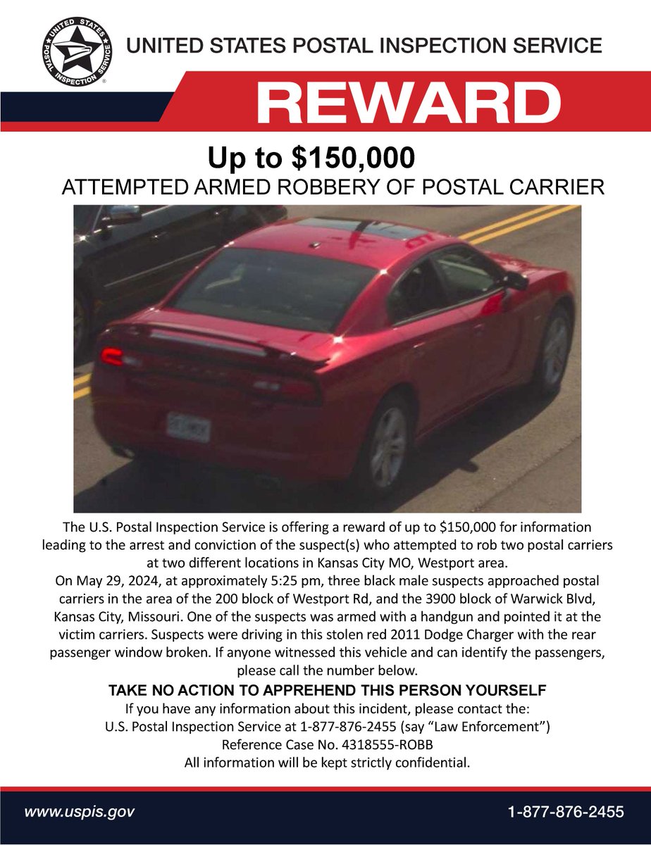 USPIS_KC's tweet photo. The Postal Inspection Service is requesting assistance in identifying the occupants of this stolen 2011 Red Dodge Charger on May 29th, 2024. The vehicle has been recovered. The three black male suspects attempted to rob two postal carriers while on their routes. See poster. https://t.co/9e7RdyLZVw