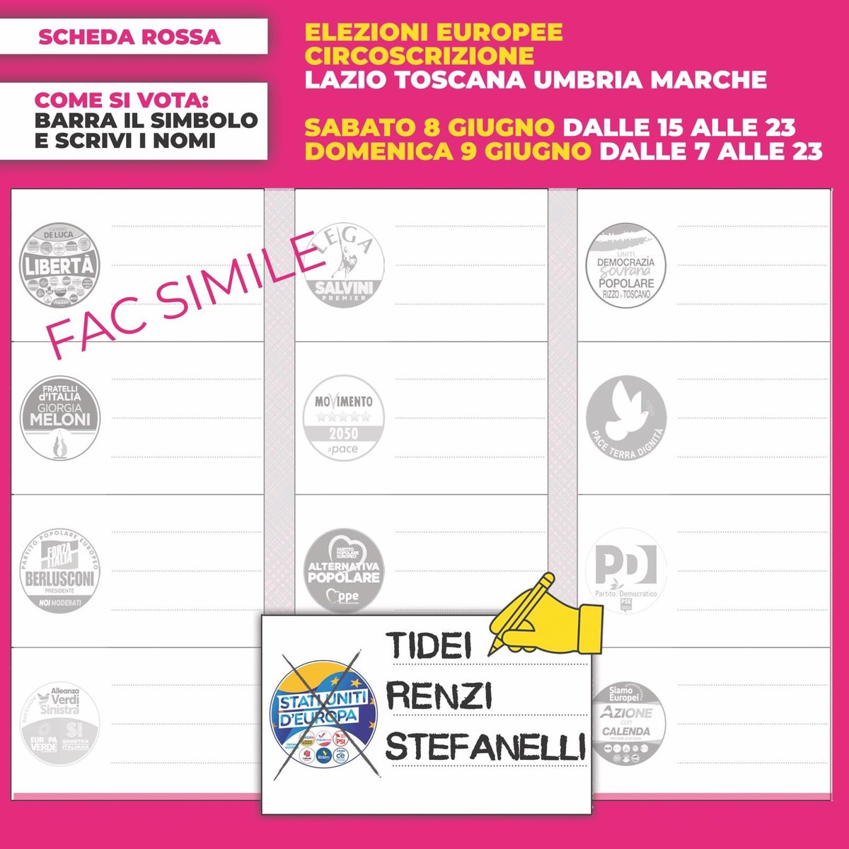 Mariettatidei's tweet photo. Sono le ultime ore, fondamentali per convincere chi pensa che queste elezioni europee non riguardino la quotidianità, il #futuro dei territori, delle imprese, dei propri figli.

Un solo voto in più può fare la differenza.

Grazie per tutto l’aiuto che potrete dare a noi e, ancora di più, al progetto degli Stati Uniti d’#Europa.

🗳️ L’8 e il 9 giugno vota così
✏️ Traccia una X sul simbolo Stati Uniti d’Europa
✏️ Scrivi accanto al simbolo TIDEI - RENZI - STEFANELLI

#statiunitideuropa #europee2024 #insieme