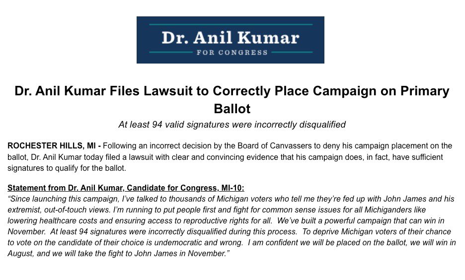 Today, I filed a lawsuit to ensure my campaign is on the ballot in August.

We're confident we will prevail in court, in the Primary, and in November against MAGA extremist John James.