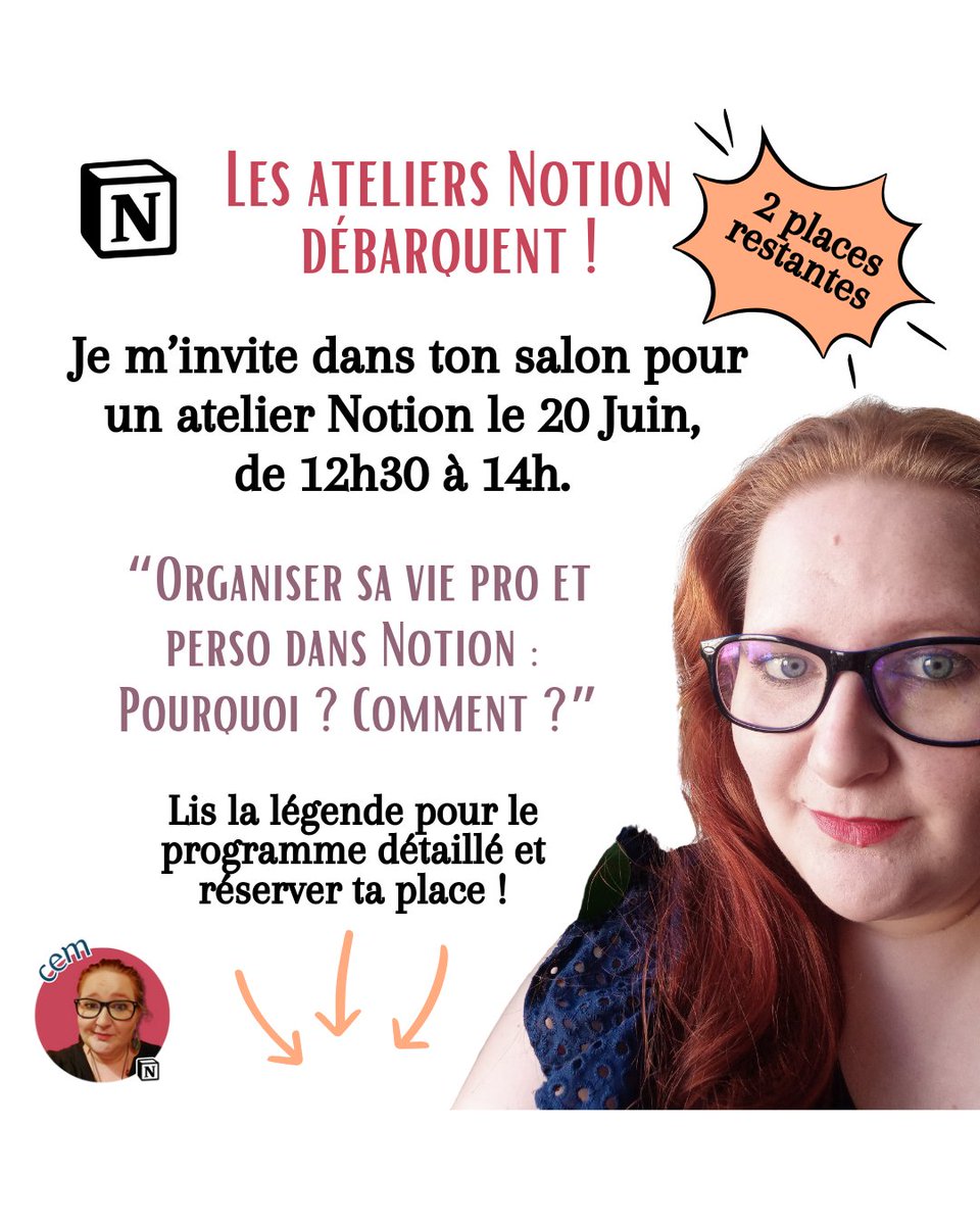 Atelier en visio, avec  5 personnes, pour 30€. Le 20 juin, de 12h30 à 14h. La thématique sera "Organiser sa vie pro et perso dans Notion, pourquoi ? comment ?"

Avec replay et groupe de discussion.
Commente "atelier" ou visite le lien en bio. 
#notion #nocode #masterclass