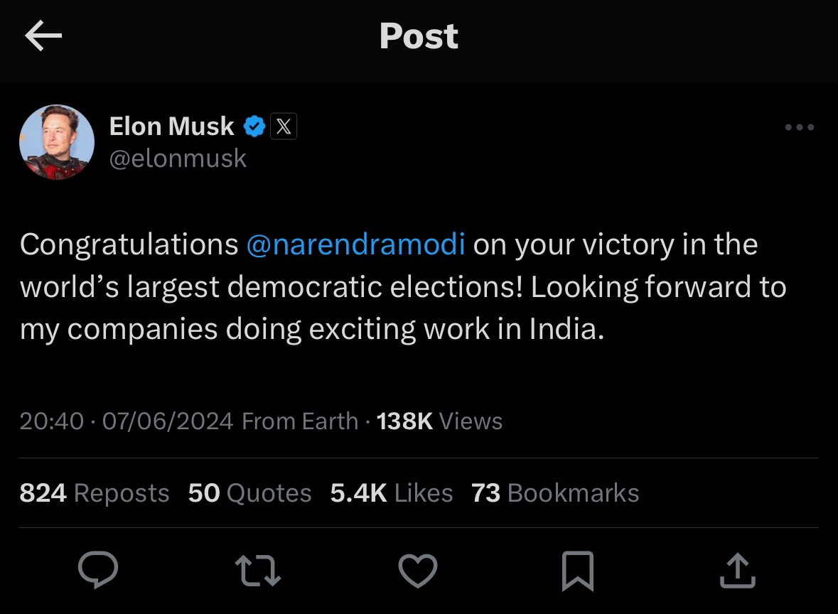 Sajwani's tweet photo. Elon Musk congratulates India’s PM Modi on re-election … Elon will enter Indian market with a blast ! Good for India … Good for @elonmusk 👏🏼 https://t.co/mygZ7qyLef
