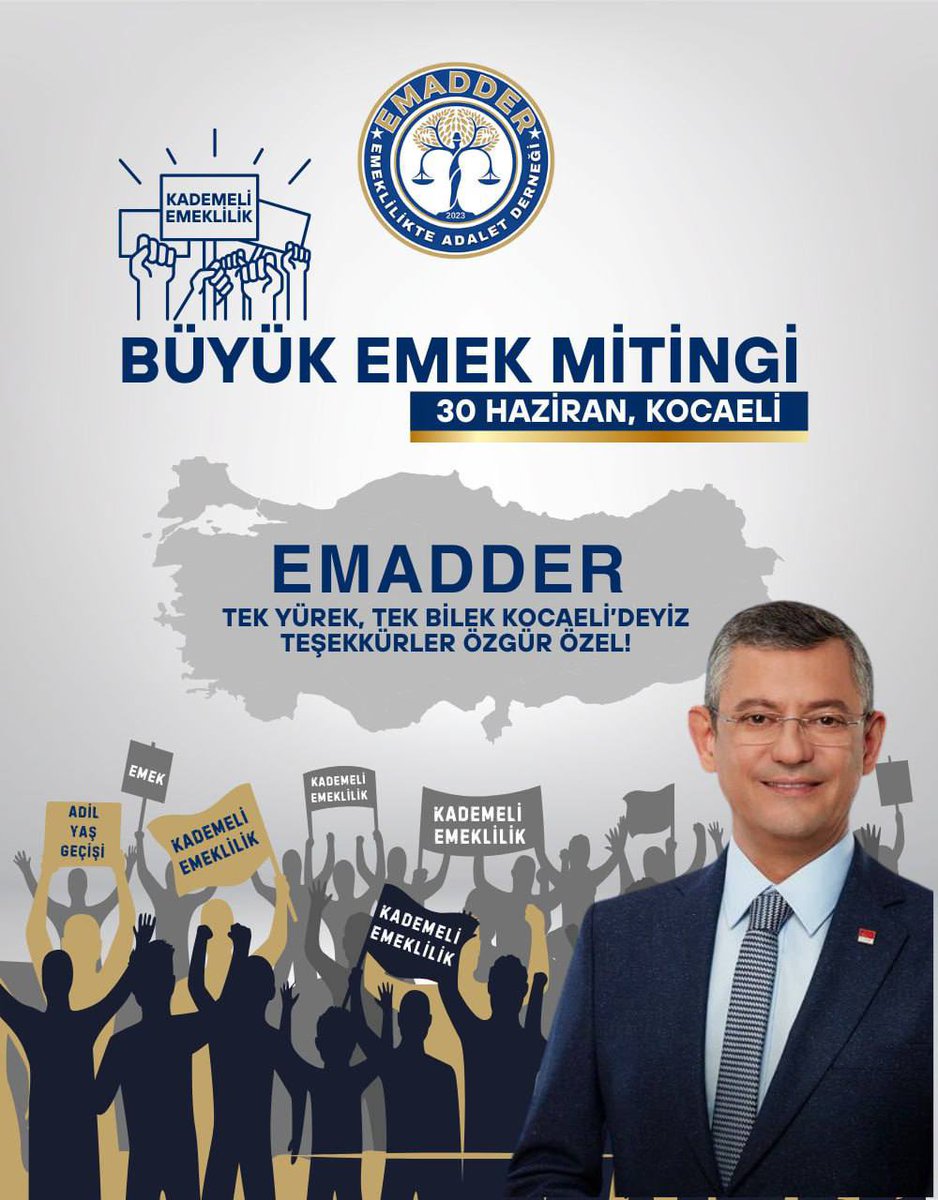 Birlikte hakkımızı arayacağız sözünüze istinaden Sayın Genel Başkan Özgür Özel
<a href="/eczozgurozel/">Özgür Özel</a> ; 

 EMEK MİTİNGİ ‘nde EMEKLİLİKTE ADALET DERNEĞİ  <a href="/EmadDernegi/">EMEKLİLİKTE ADALET DERNEĞİ ⚖️</a> olarak tam destek vereceğimizi söyledik. 

30 Haziran 2024 tarihinde tüm Türkiye’ ye derdimizi anlatmak üzere;

TEK YÜREK,