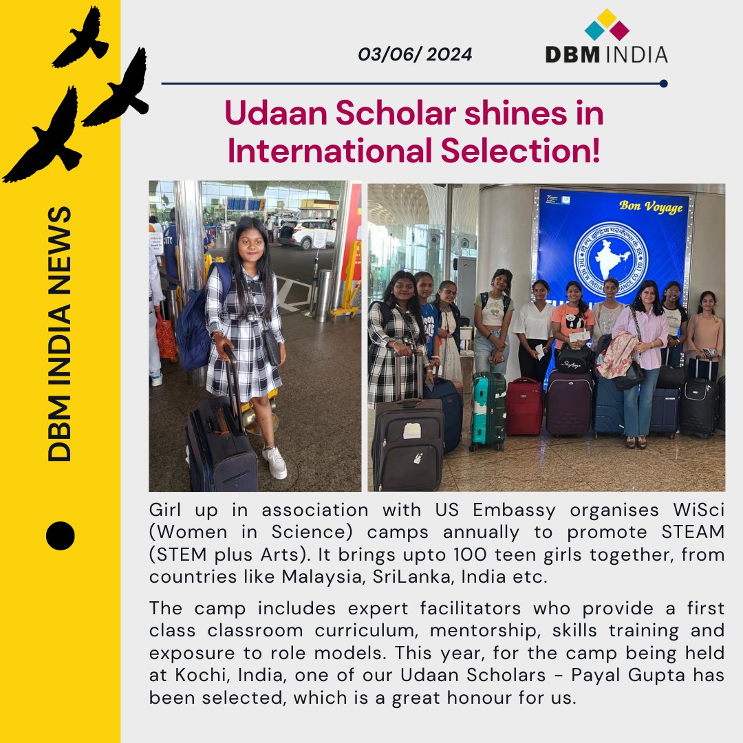 Our Udaan Scholar selected for WiSci (Women in Science) camps

#dbmindia #dbmteam #udaan #scholar #udaanscholar #WiSic #camp #selection #shines #achievement