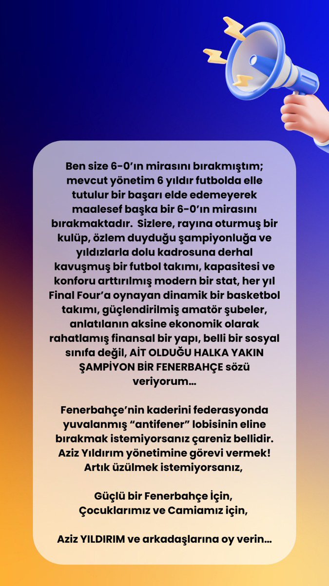 Ali Koç Yönetiminden Aziz Yıldırım’a Sansür‼️

Adaylara her üyeye 1 SMS ile kendini ifade edebilme hakkı olduğu bildirilmişti. Biz SMS metnimizi Ali Koç yönetimine ilettik fakat Fenerbahçe yönetimi bu metni üyelere iletmeyeceğini bildirdi. 

Kendilerinden yazılı olarak talep