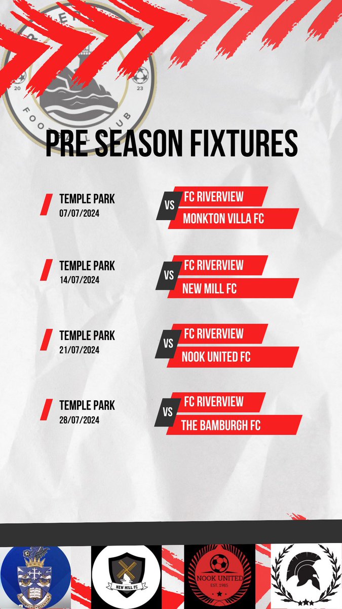 FC_Riverview's tweet photo. 🚨Pre-Season announcement🚨

We’re pleased to announce our four confirmed preseason fixtures.

Timings are to be confirmed but find the location and teams in the graphic below.

We hope to see many faces new and old there as the lads prepare for their first season in Division 2 https://t.co/HjEadwNaXb