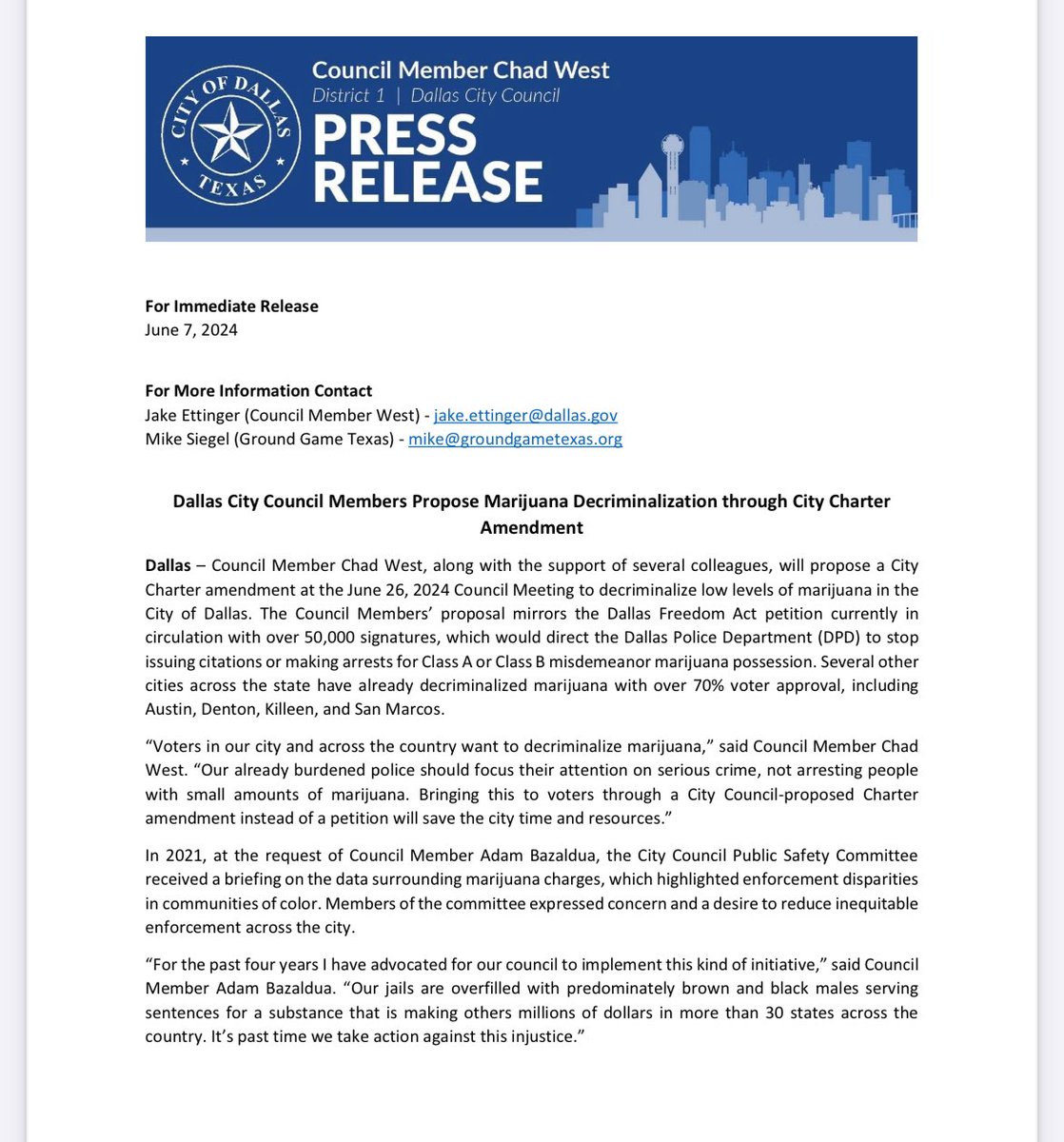 apriltowery3's tweet photo. @ChadWestDallas will propose charter amendment to decriminalize low levels of marijuana. https://t.co/N8FhGgh3Ju