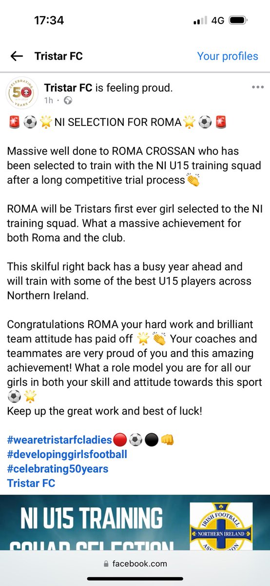 TristarGirls's tweet photo. Well done to Roma. Great achievement and delighted to see the hard work paying off. https://t.co/WUltkZuoLn