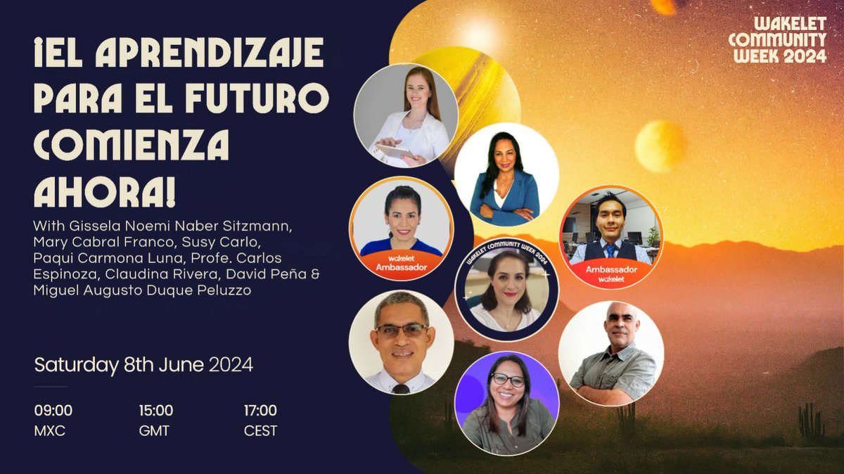 ¡Comienza la cuenta atrás para poder disfrutar de la sesión en español! 
#WakeletHablaHispana 
 🥳🥳🥳
Acompáñanos mañana 8 de junio en la #wakelecommunityweek 2024
<a href="/betzydbo/">Betzabé Orenos | 𝔹𝕖𝕥𝕫𝕪</a> <a href="/merycarolyna/">Mary Cabral Franco</a> <a href="/GisseNo/">Gissela</a> <a href="/claudina_isabel/">Claudina Rivera</a> <a href="/SusyCarlo3/">Susy Carlo</a> <a href="/ProfeCarlos67/">Carlos Espinoza R. #SoyProfesor - #claustrovirtual</a> <a href="/duquepeluzzo/">Miguel Augusto Duque Peluzzo</a>
¡Te esperamos!
