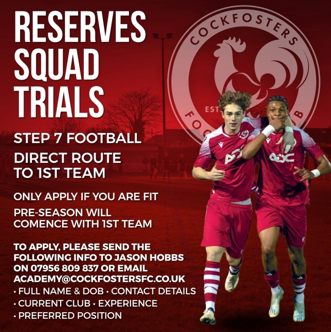 Cockfosters FC (@cockfostersfc) on Twitter photo RESERVE SQUAD TRIALS
Please contact our development manager <a href="/jaywill252/">Jason Hobbs</a> if interested, providing specifics as listed on the artwork. 17 x U18 lads transitioned to senior football last season & 4 x reserve squad players are now regulars in the 1st team squad. A genuine pathway 🐓 RESERVE SQUAD TRIALS
Please contact our development manager <a href="/jaywill252/">Jason Hobbs</a> if interested, providing specifics as listed on the artwork. 17 x U18 lads transitioned to senior football last season & 4 x reserve squad players are now regulars in the 1st team squad. A genuine pathway 🐓