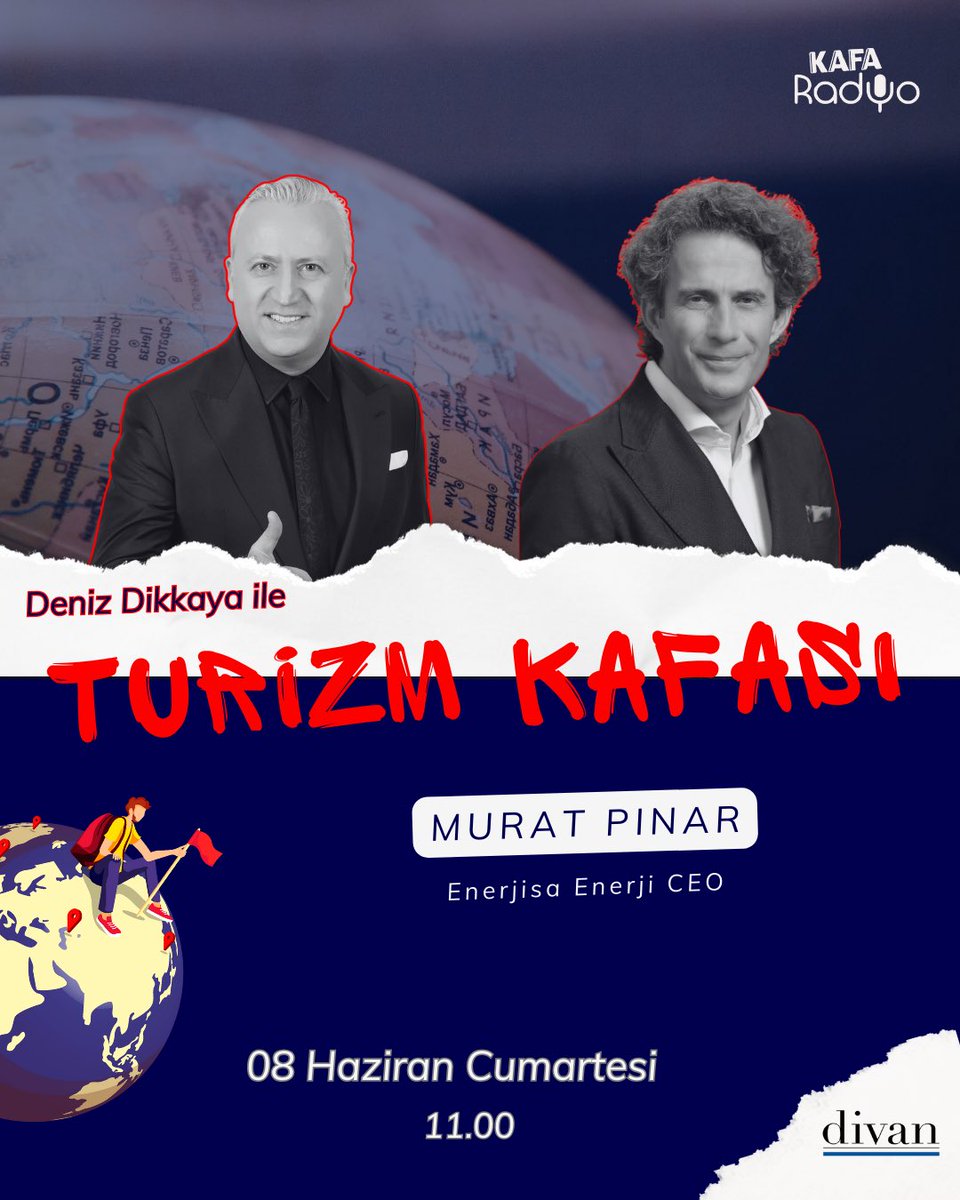 kafaradyo's tweet photo. Turizm Kafası'nda Deniz Dikkaya bu hafta sizleri sürdürülebilir turizm temelli bir dönüşüm hikayesine davet ediyor ve konuğu da Enerjisa Enerji CEO’su Murat Pınar oluyor!

Türkiye'nin en köklü turizm markası Divan'ın sunduğu Deniz Dikkaya ile Turizm Kafası her cumartesi 11.00’de Kafa Radyo ‘da.📻

#KafaRadyo #TurizmKafası
@divanlife_ @denizdikkaya @enerjisa