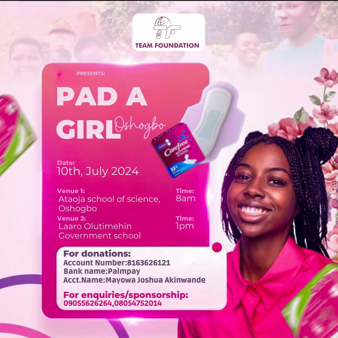 Two secondary  schools @InsideOsogbo has been picked for the #PadAGirl_Osogbo project by the Team Foundation.
We need your support in any way possible.
Volunteers and donations will be highly needed and appreciated.
Thank you 😘
#PadAGirl_Osogbo
#Osogbo