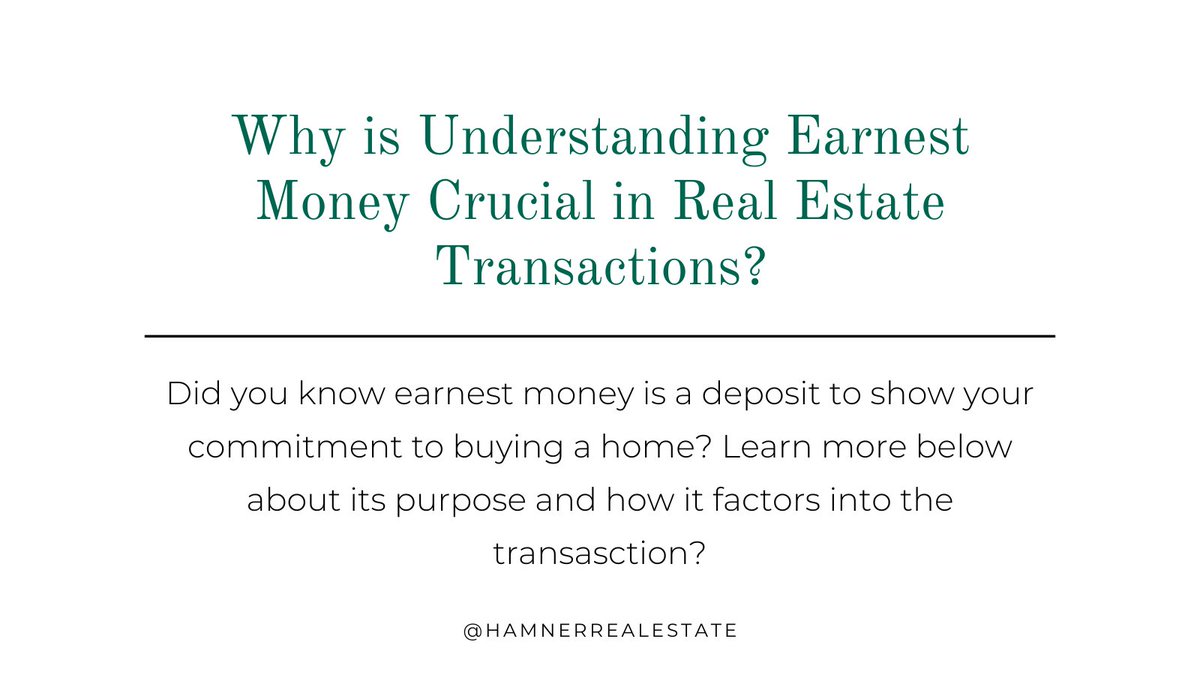 HamnerRE's tweet image. Understanding earnest money is crucial in real estate! This deposit shows your commitment to buying a home, protects the seller, and can impact the transaction. For example, if you back out without a valid reason, the seller keeps the deposit.

#realtorinsights #realestatefacts