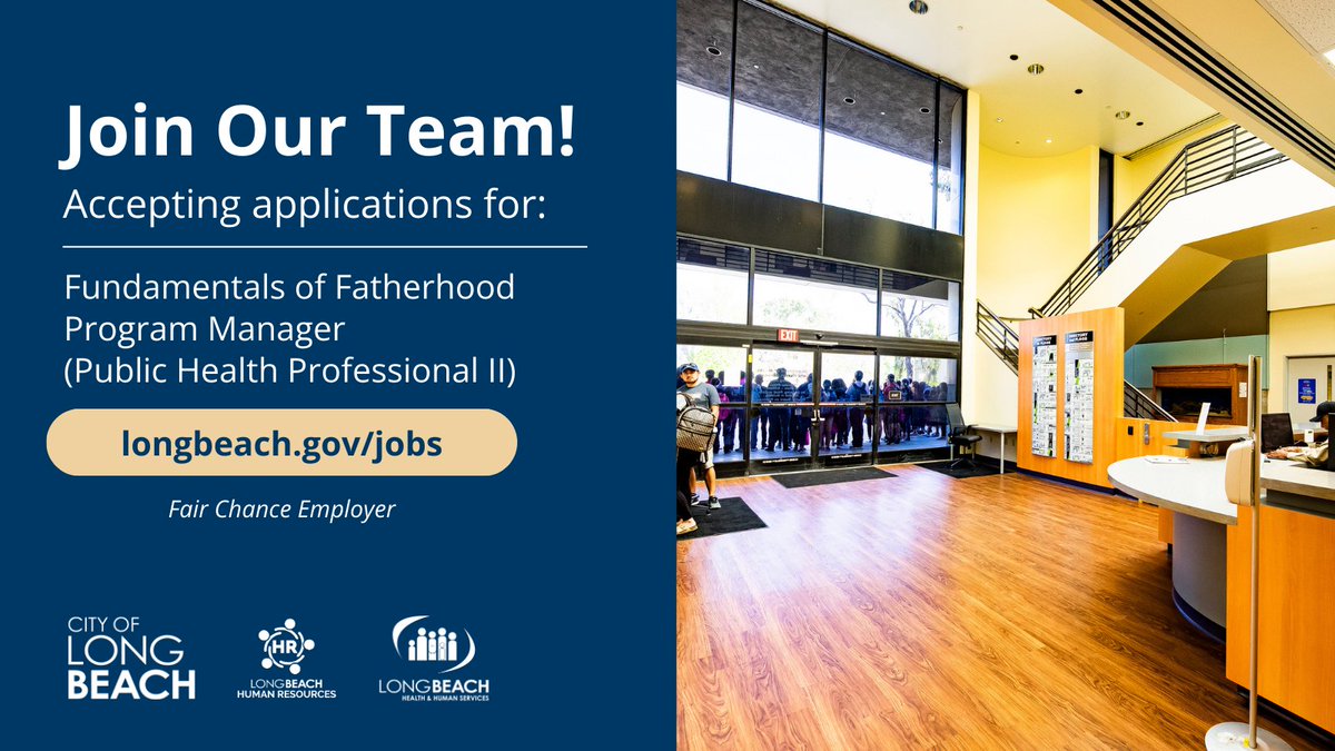 👨‍👧@LBHealthDept is recruiting for a Fundamentals of Fatherhood Program Manager (Public Health Professional II) in the Collective Impact Bureau, Community Impact Division.
💻Apply today! bit.ly/3Vc16KB
🗓Closing 06/20/24 11:59 p.m.

#lbcityjobs #nowhiring #governmentjobs