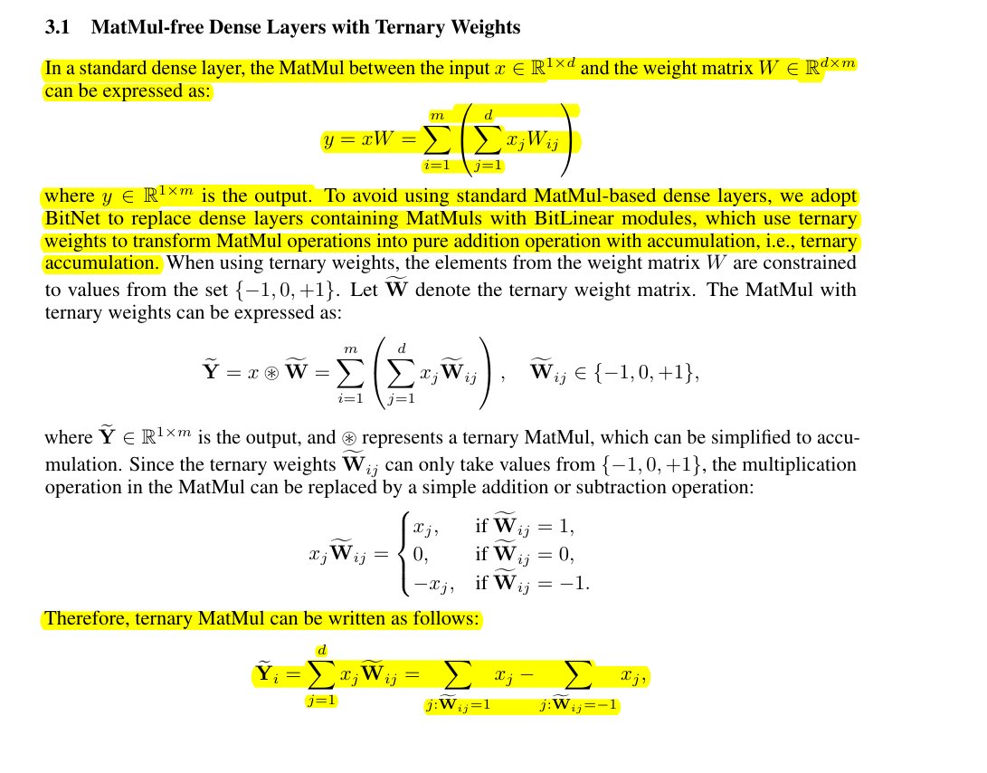 After an initial read this looks solid. It looks like in the overparametrized regime some things just don't matter anymore.

Also props for showing off an FPGA implementation which is where MatMul free deep learning could really shine.