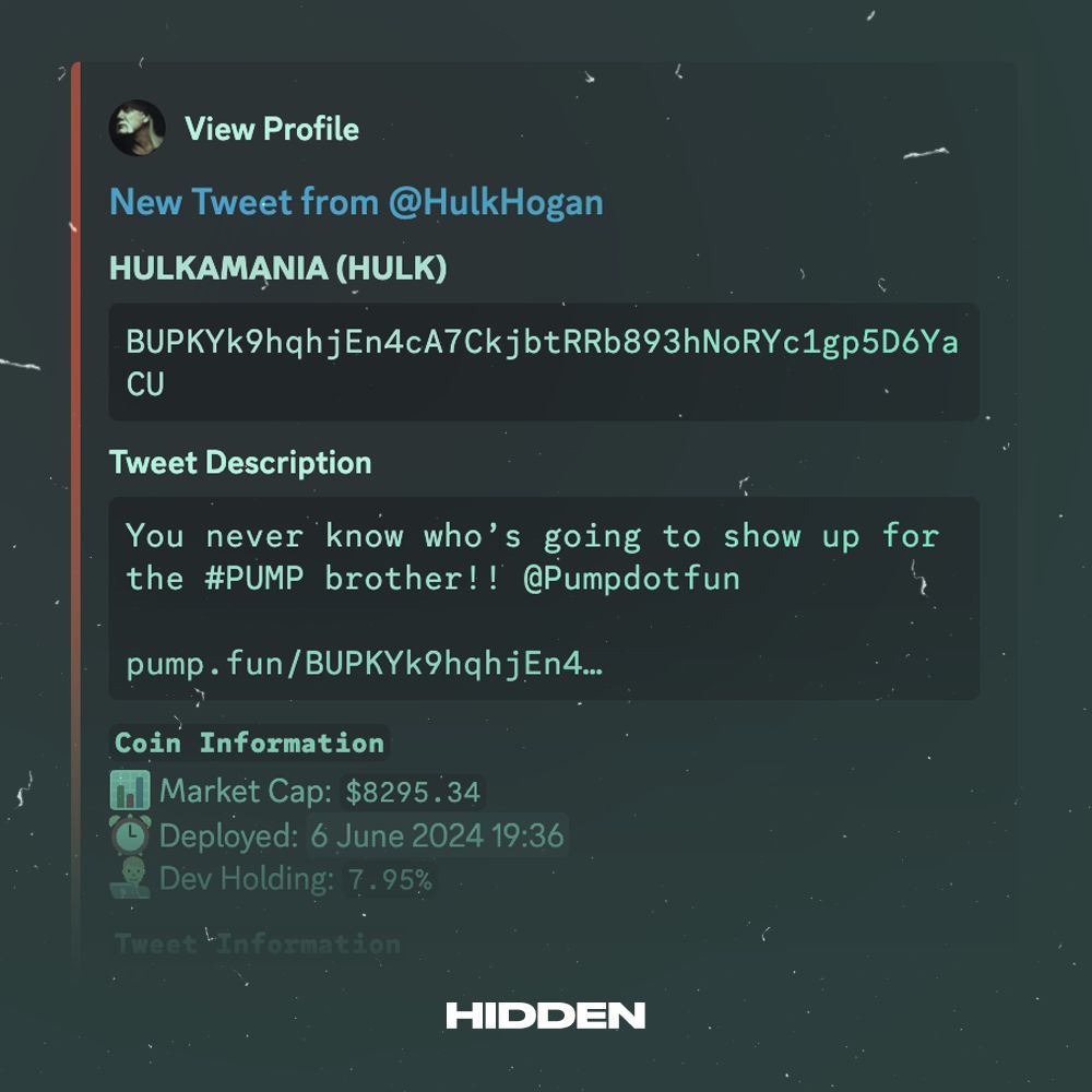 hiddensociety's tweet photo. OVER 150,000% ROI ON $HULK? 👀
$8,295 -> $16,000,000 

With our in-house monitors, our members were the FIRST to catch this coin, and one member even profited $280,000. 🔮 

The best alpha for the best price, period. 🤝
https://t.co/uw2vBfJswO https://t.co/CKkNk2zMEg